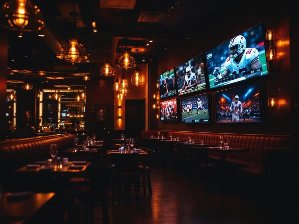 Sports bar with multi-screen TV wall and full crowd