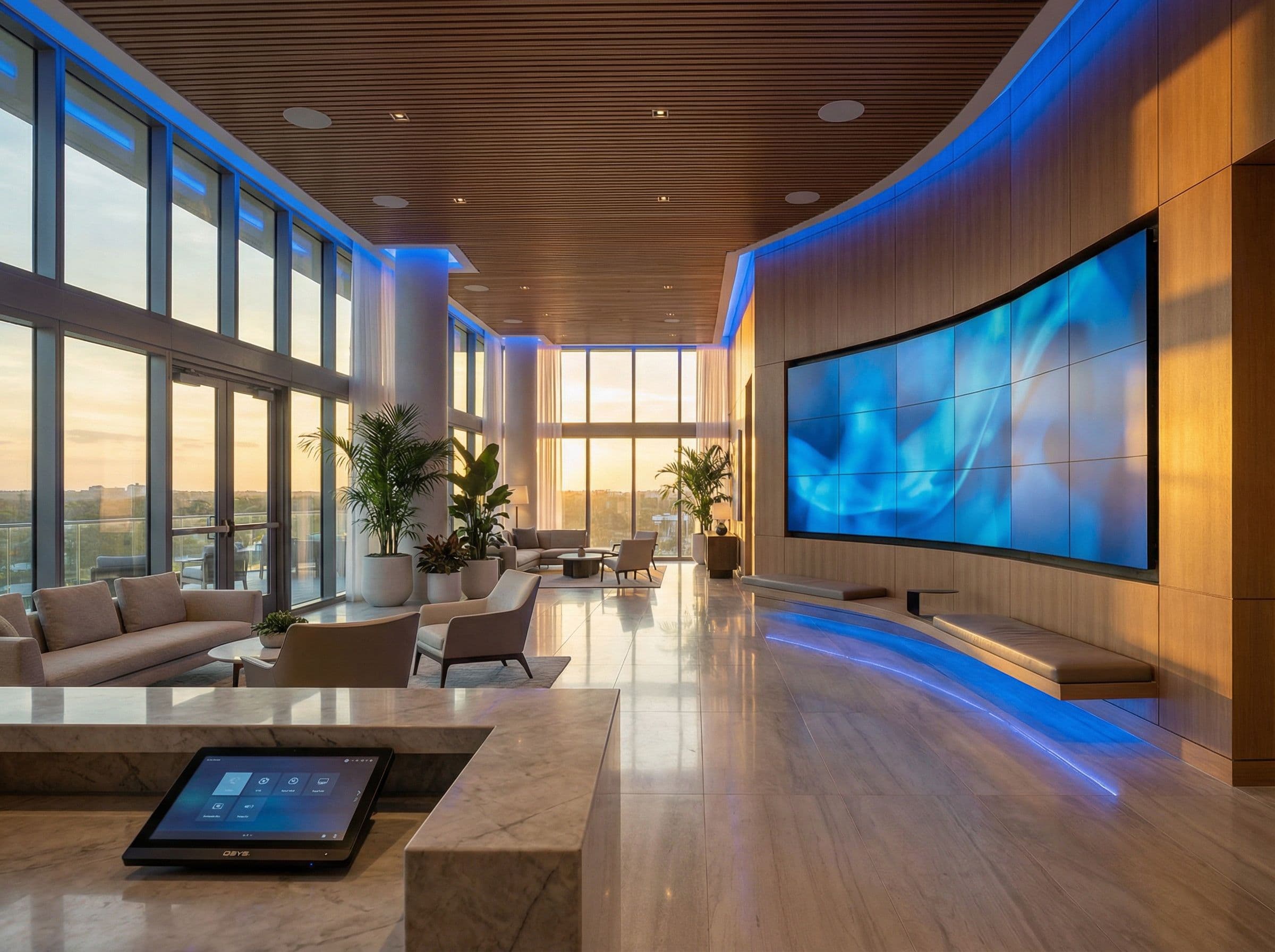 Luxury hotel lobby with integrated AV technology and blue ambient lighting