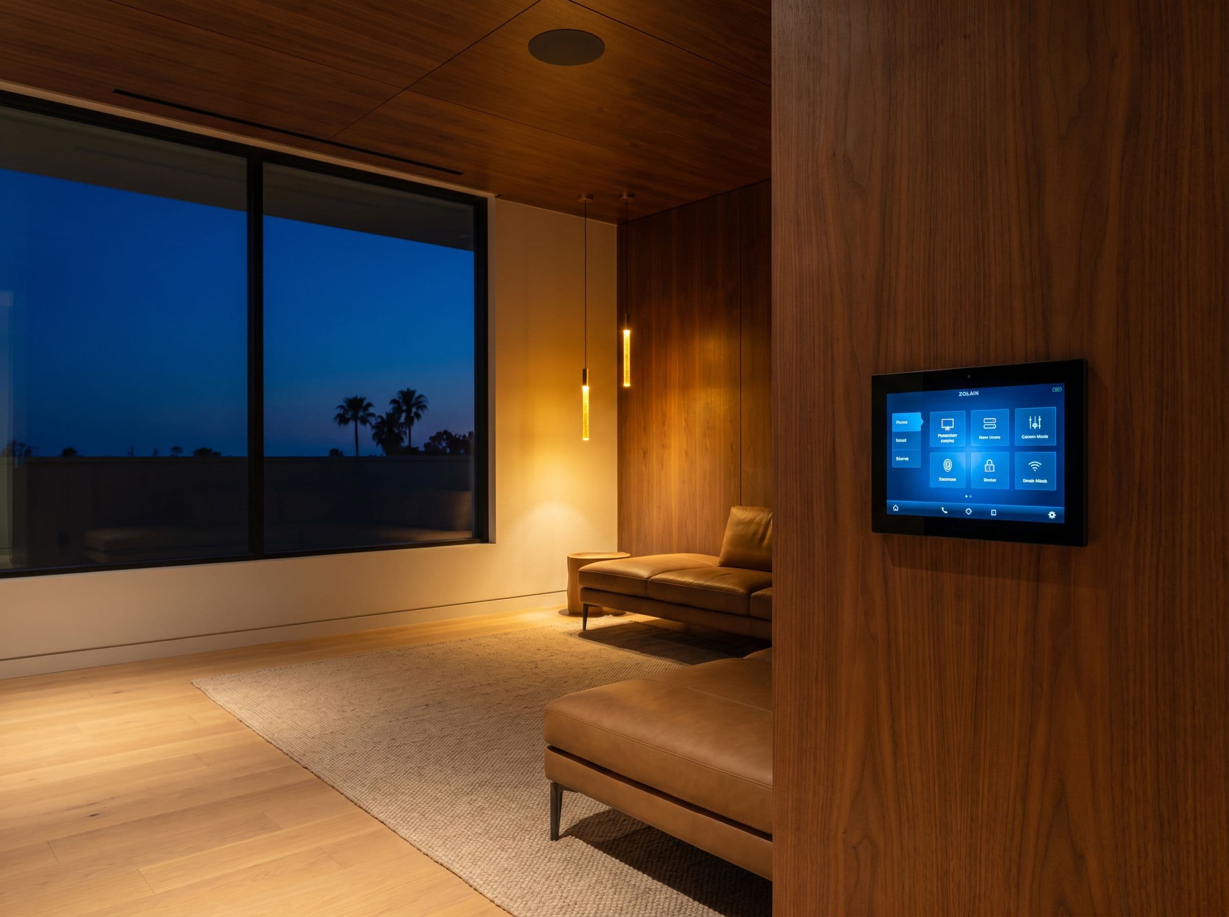 Wall-mounted control touchpanel in a finished amenity lounge at dusk