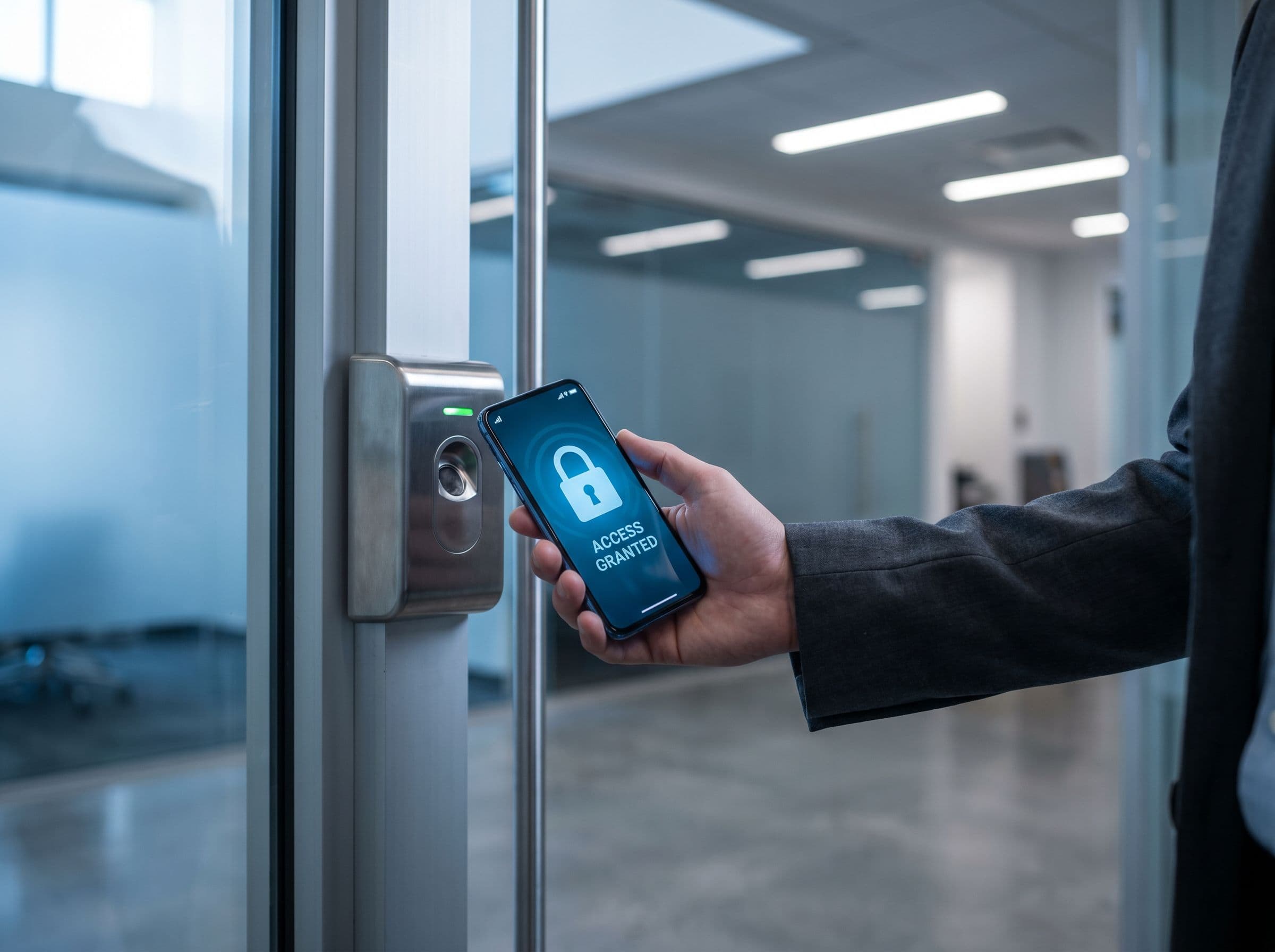 Smartphone presenting a mobile credential to a biometric fingerprint reader at a glass-front commercial entry