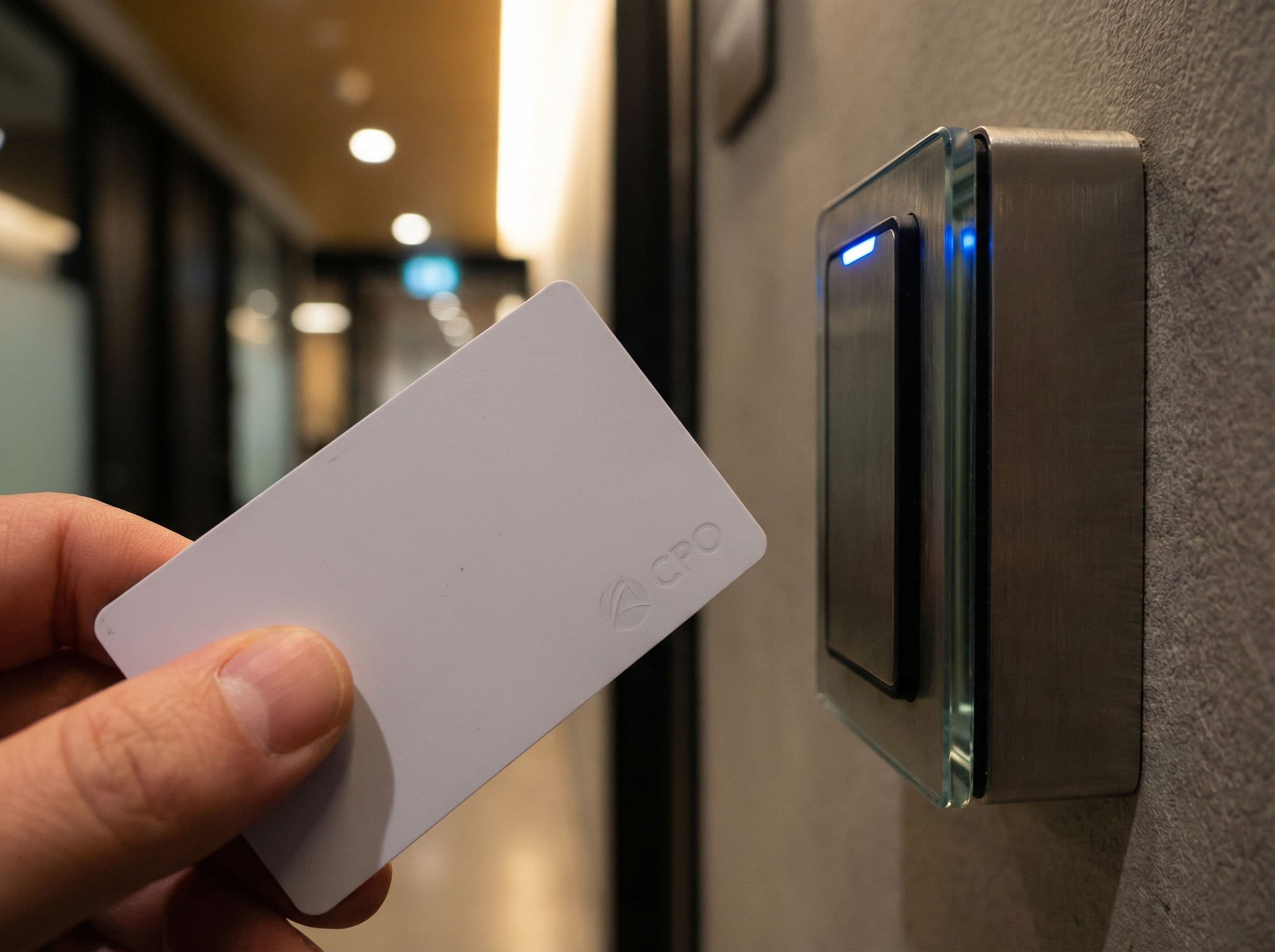Hand holding keycard approaching wall-mounted reader