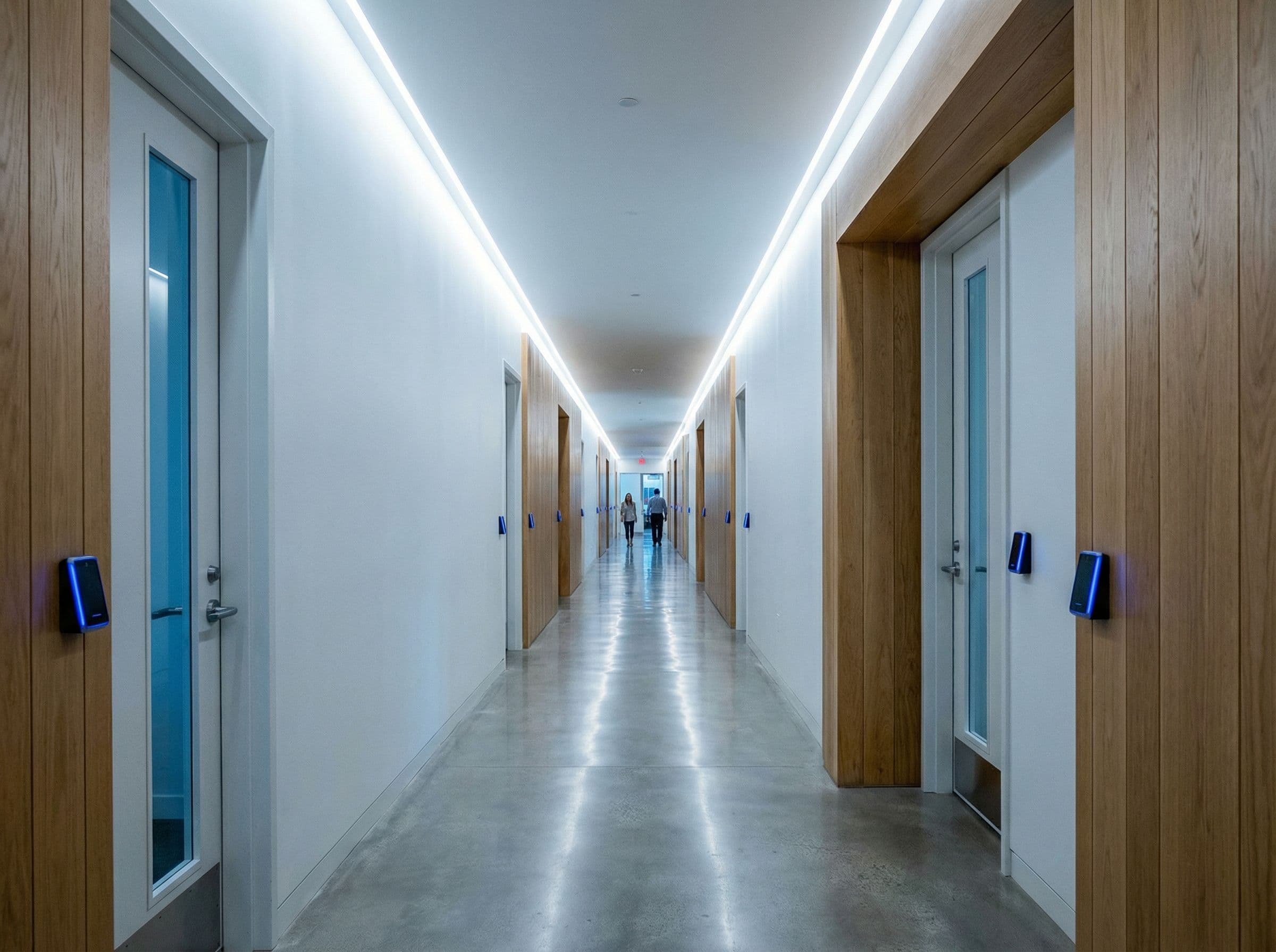 Long hallway with multiple secured doors and readers