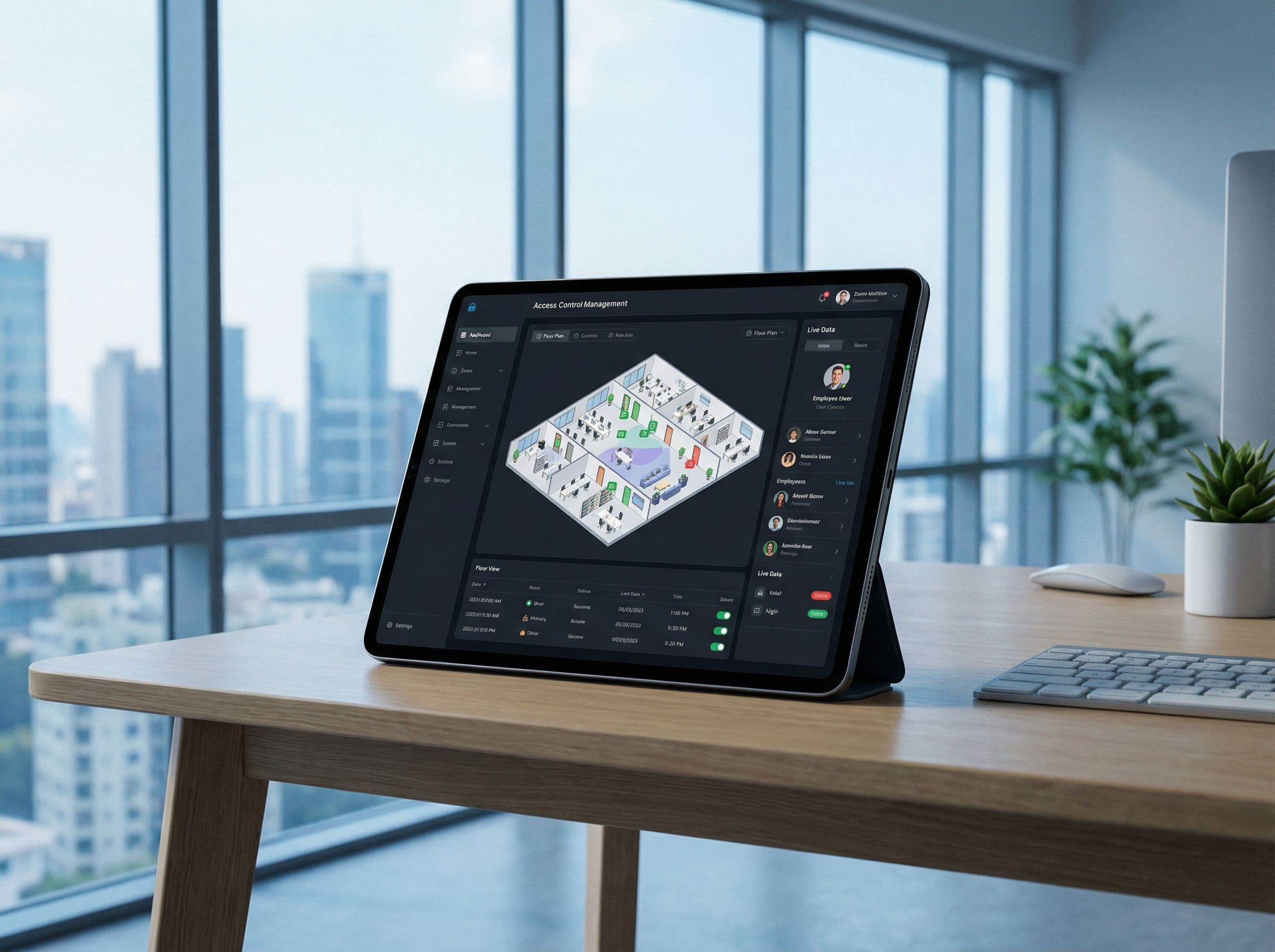 Tablet showing access control dashboard with city view