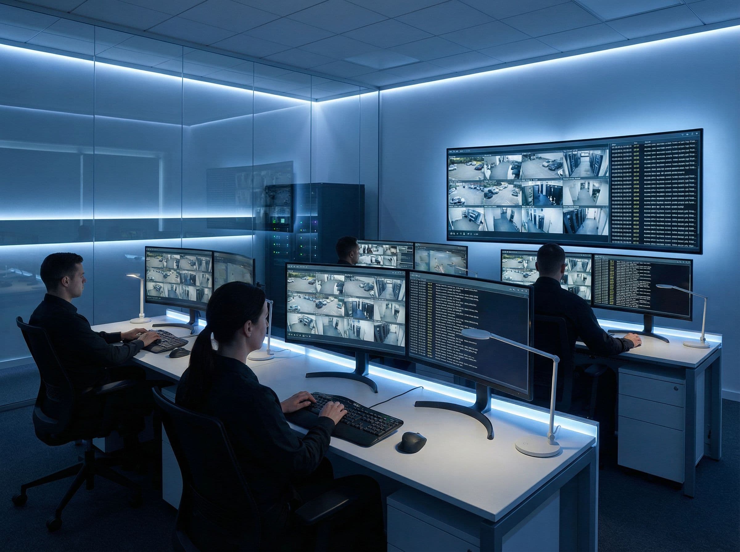 Security operations center with camera feeds and access logs