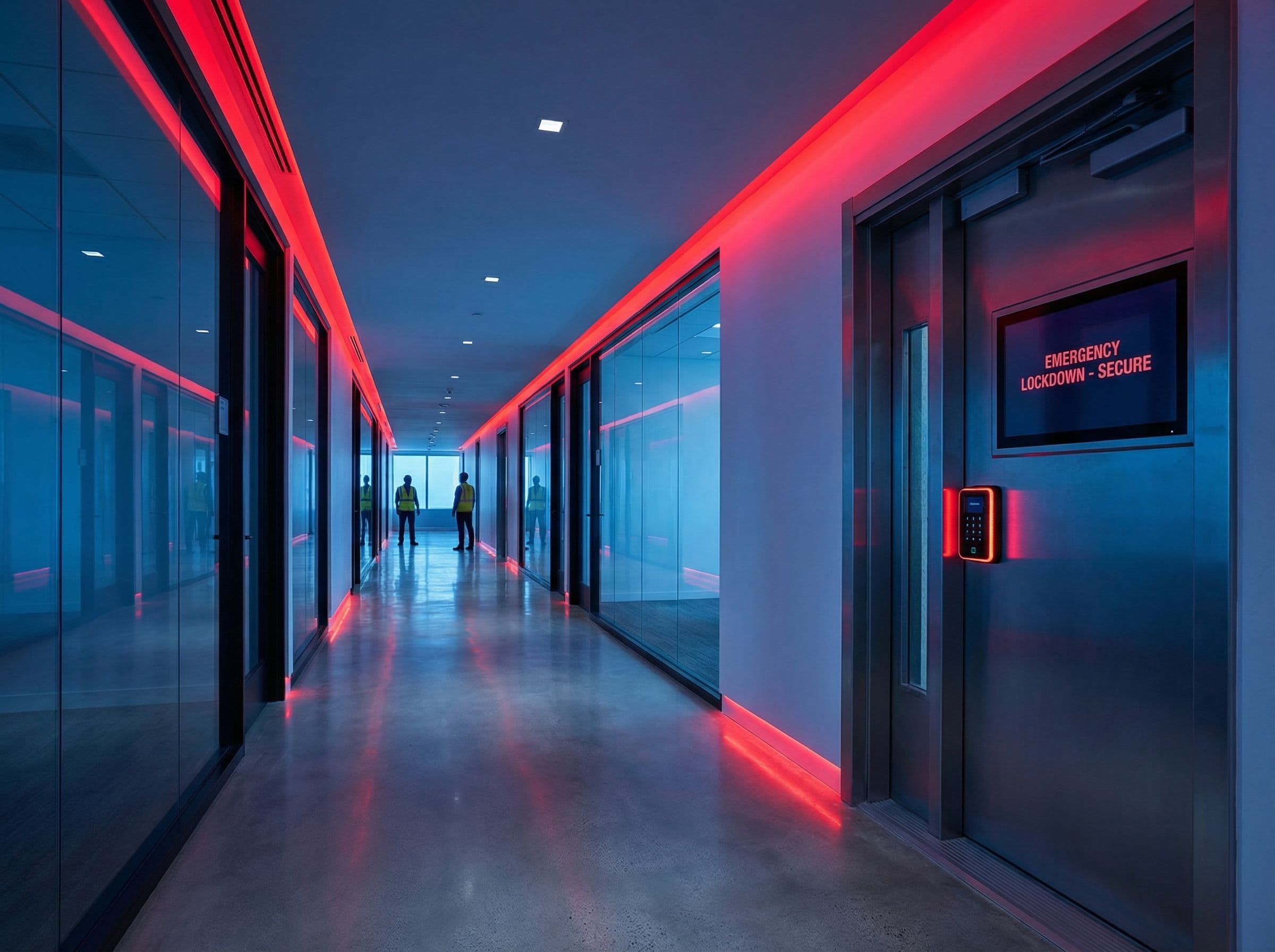 Building corridor during emergency lockdown with red lighting