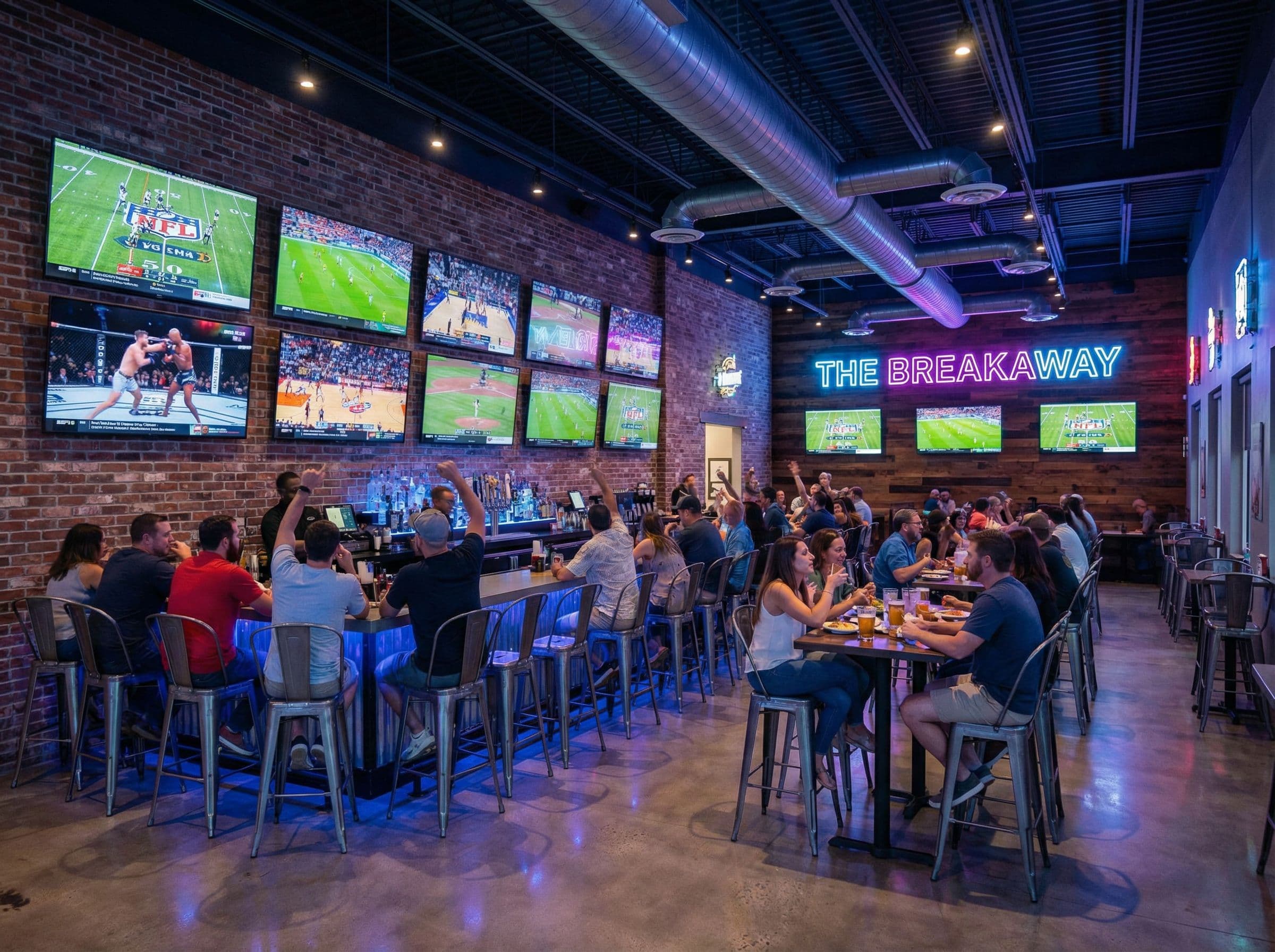 Sports bar with multi-screen TV wall