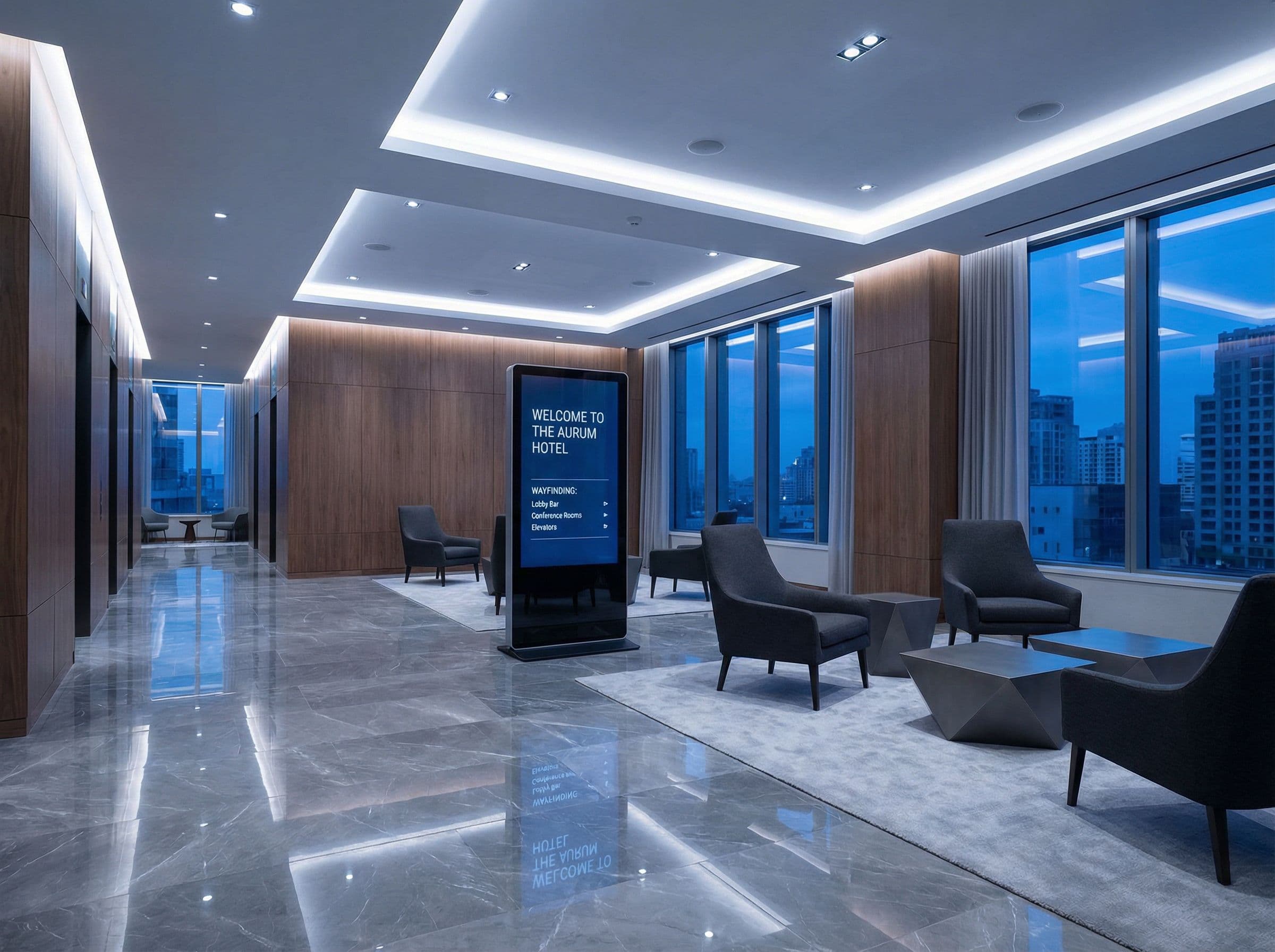 Hotel lobby with digital wayfinding display