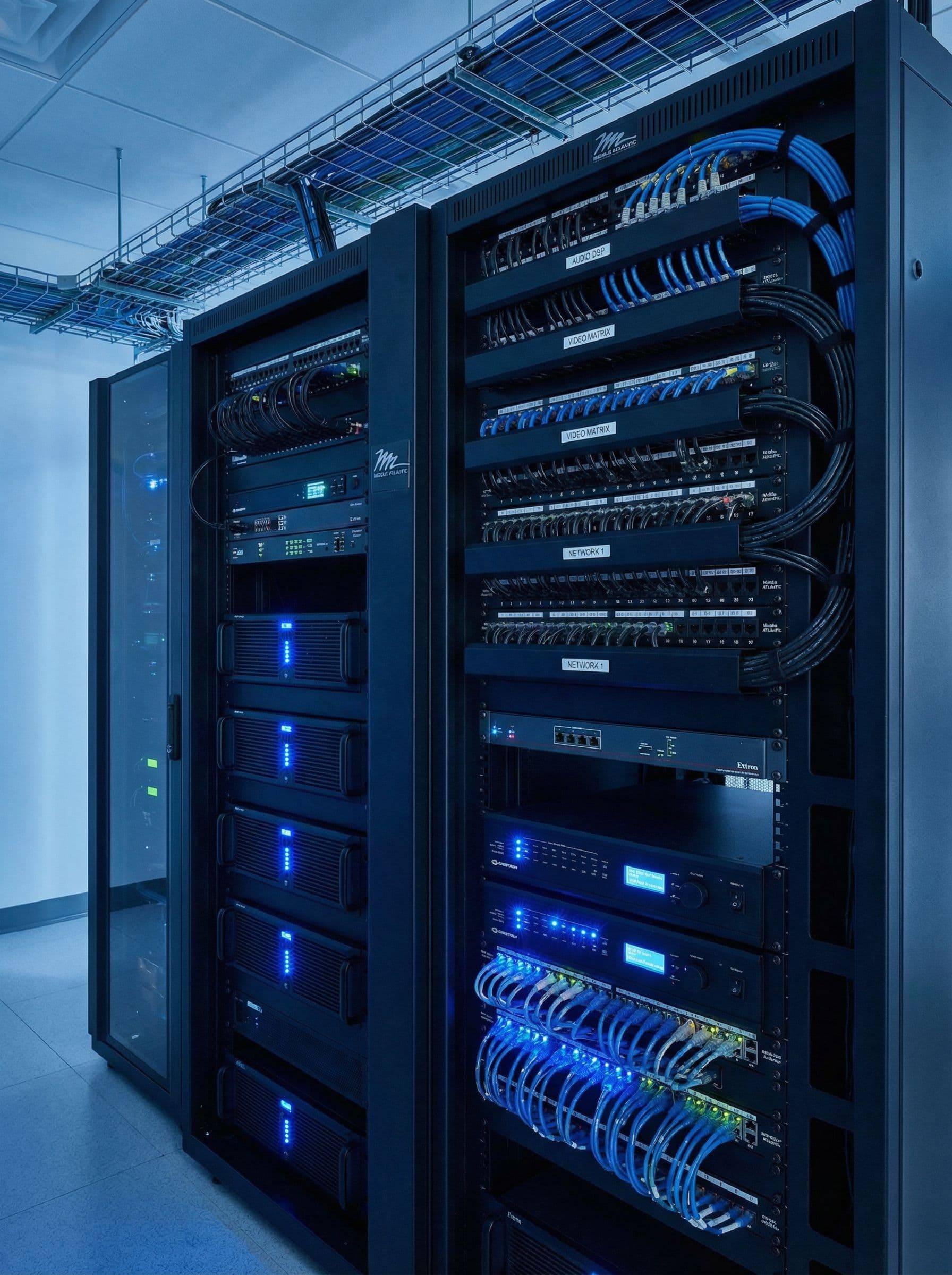 QSYS equipment rack with clean cable management