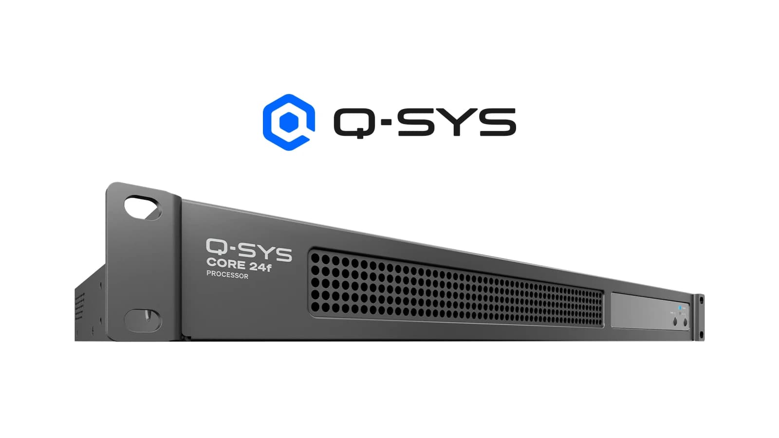 Q-SYS Core 24f rack processor with the Q-SYS logo on a clean studio background