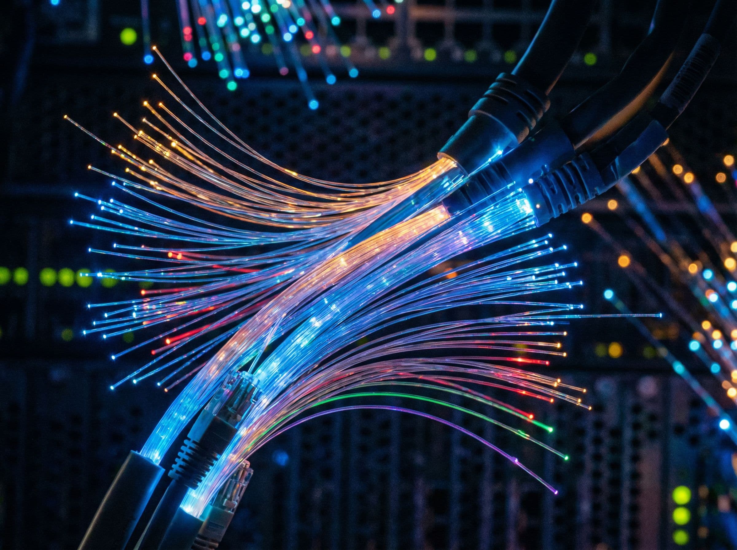 Fiber optic strands transmitting colorful light