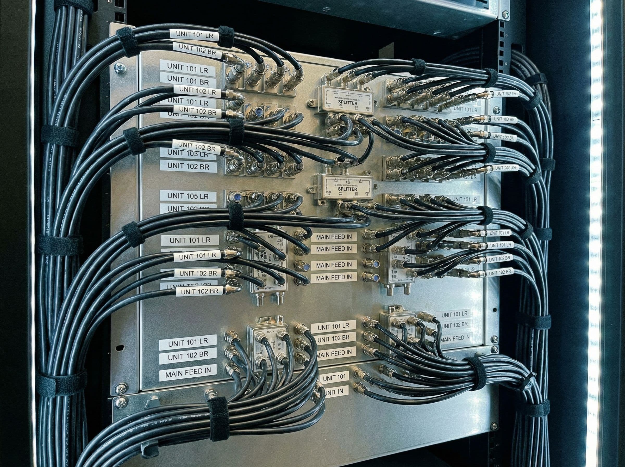 Organized coaxial distribution panel with labeled connections