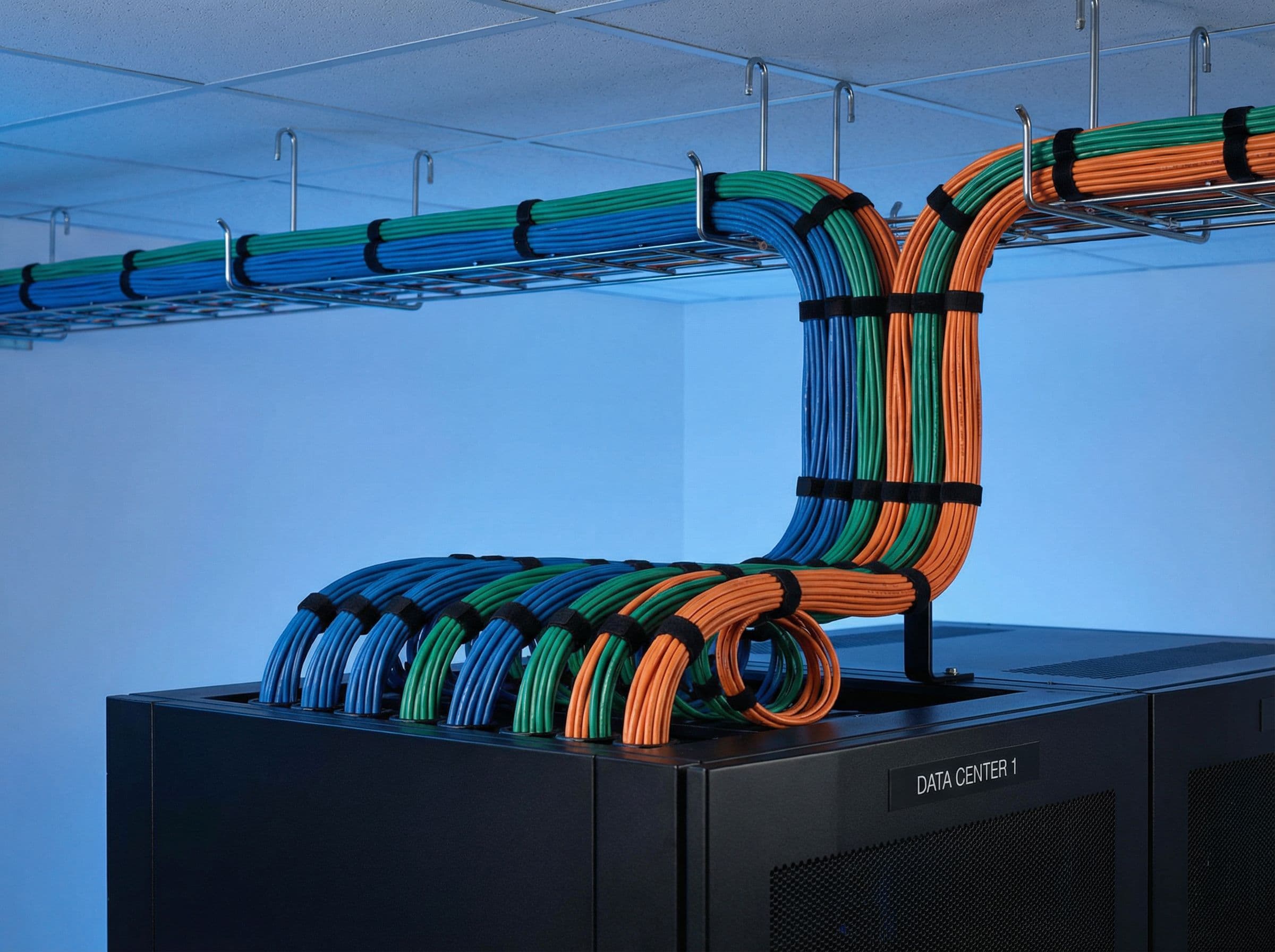 Pristine equipment rack with J-hook cable routing