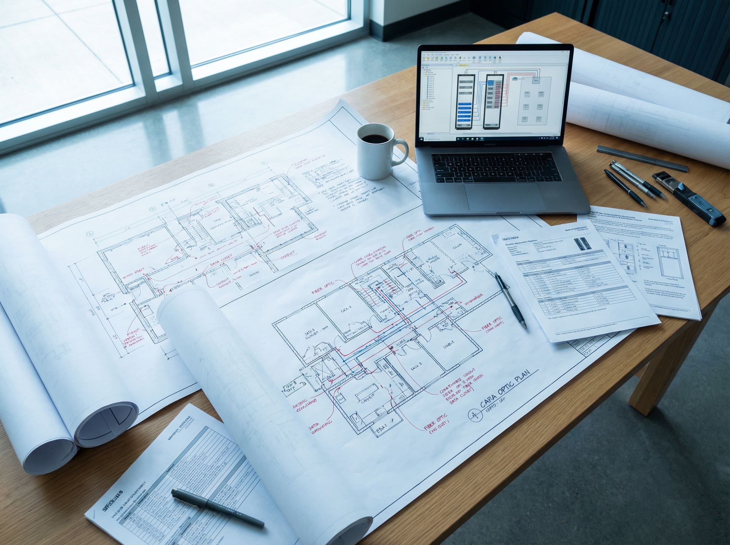Blueprints and cable pathway plans on work table