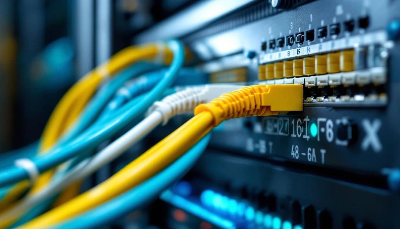 Macro of yellow and teal Cat 6A patch cables terminating into a labeled port panel