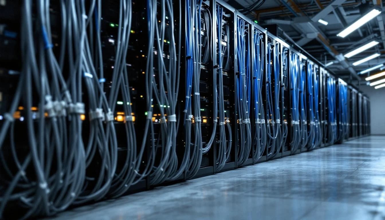 Wide view of a fully populated MDF rack row with neatly bundled gray and blue ethernet runs