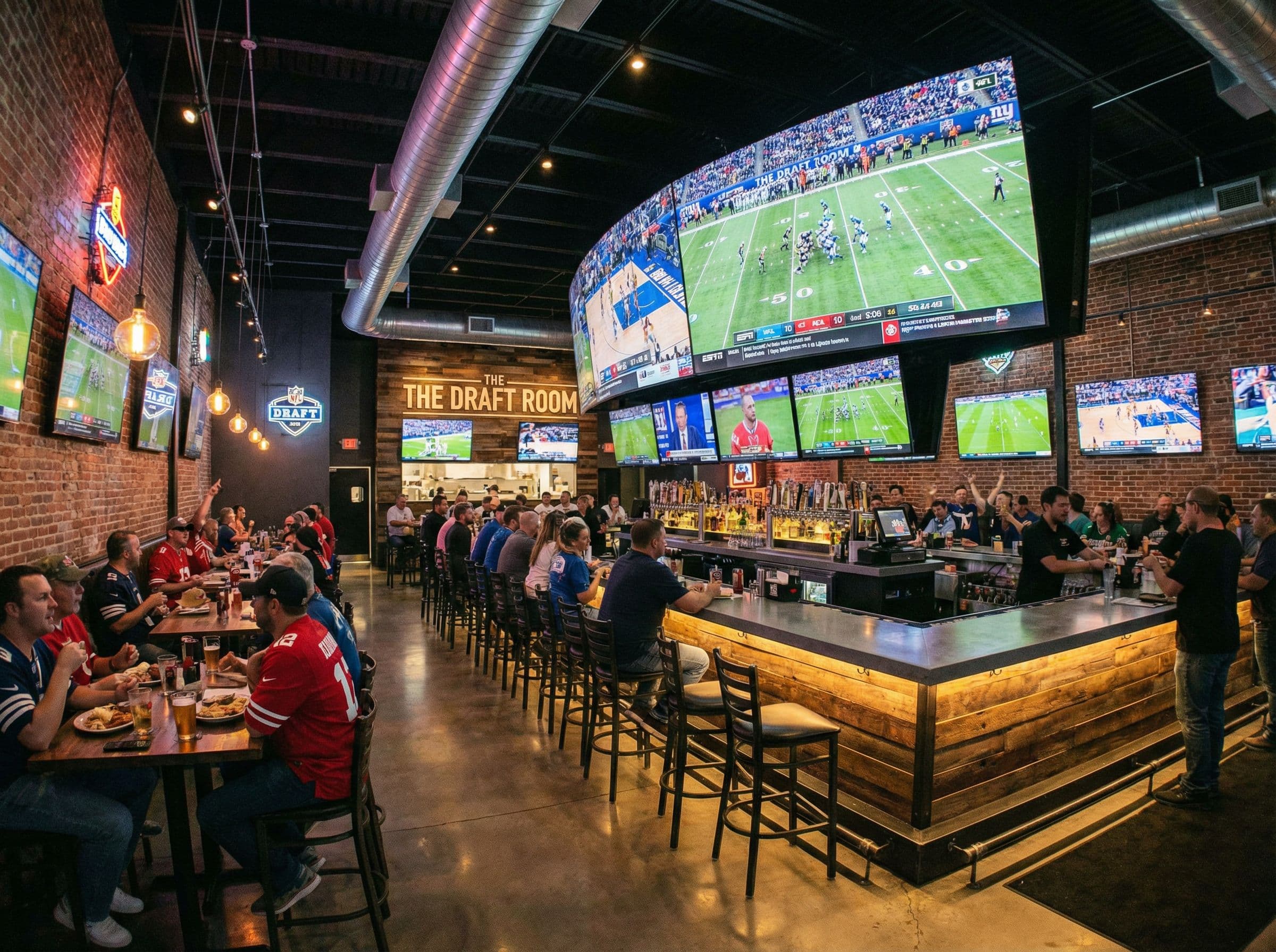 Large sports bar with 15+ screens showing different events