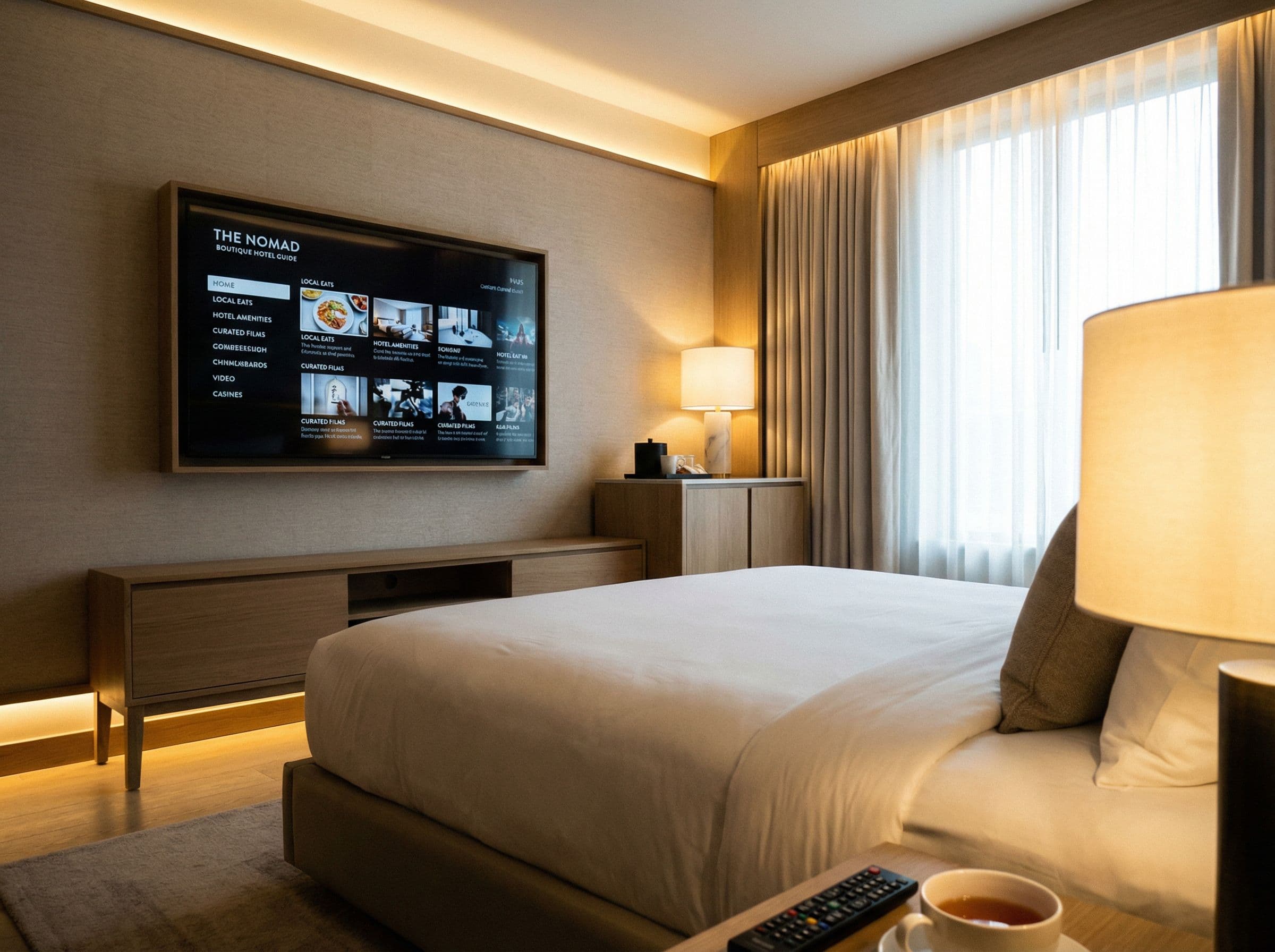 Hotel room TV with custom channel guide interface