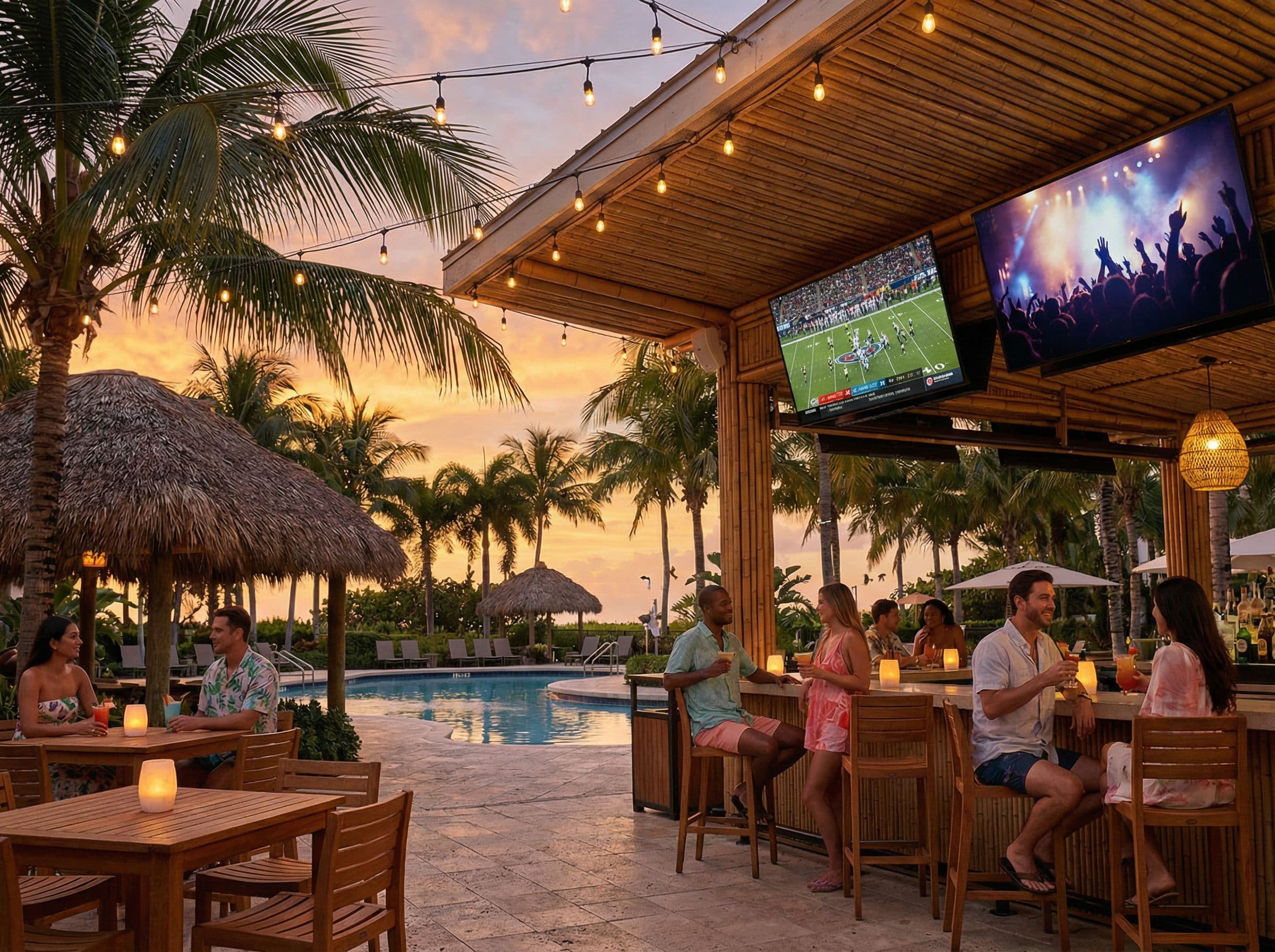 Sports bar with DIRECTV programming across multiple large screens