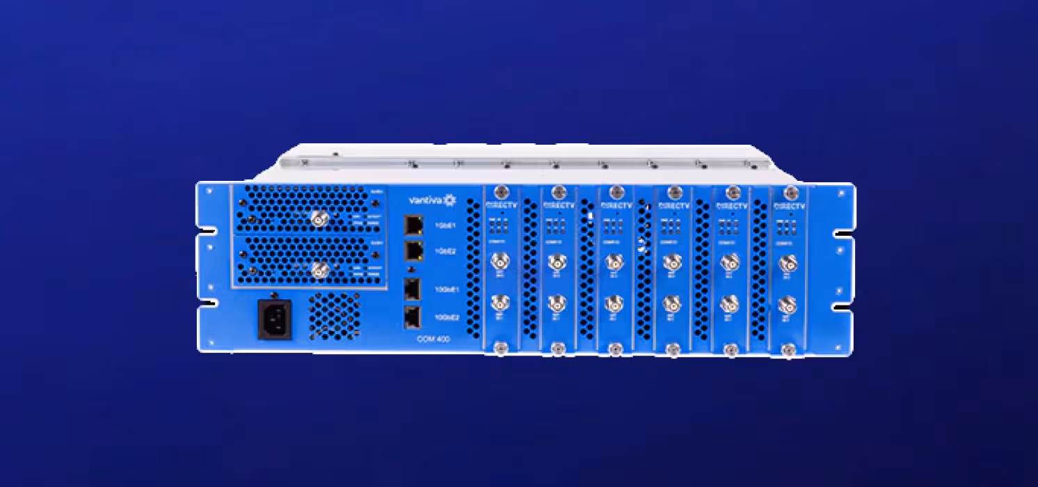 Three COM3000 commercial satellite headend chassis stacked side by side