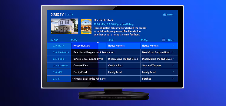 DIRECTV Residential Experience (DRE) interface shown across three TV screens — live TV, on-demand, and embedded streaming apps