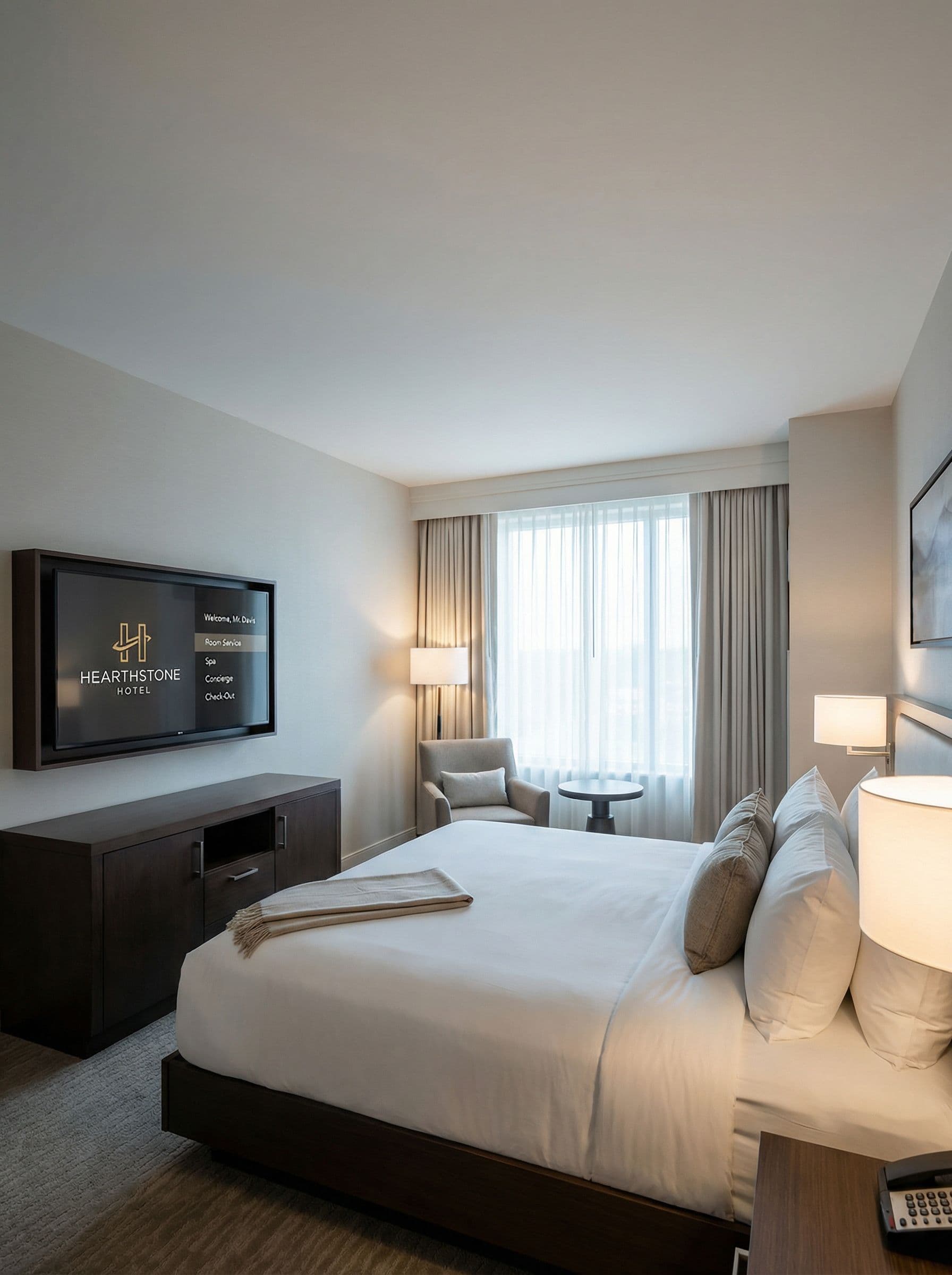 Hotel room with branded welcome screen