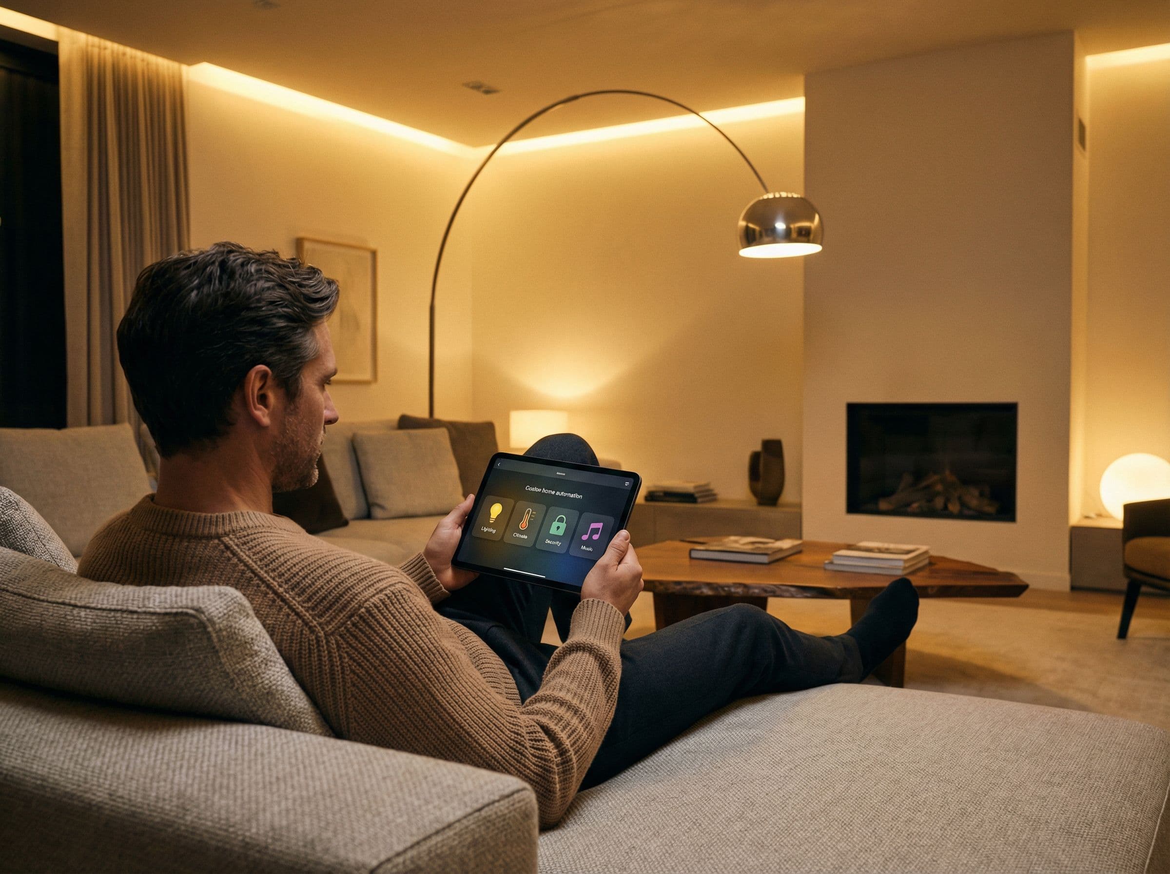 Homeowner using tablet with whole-home automation dashboard