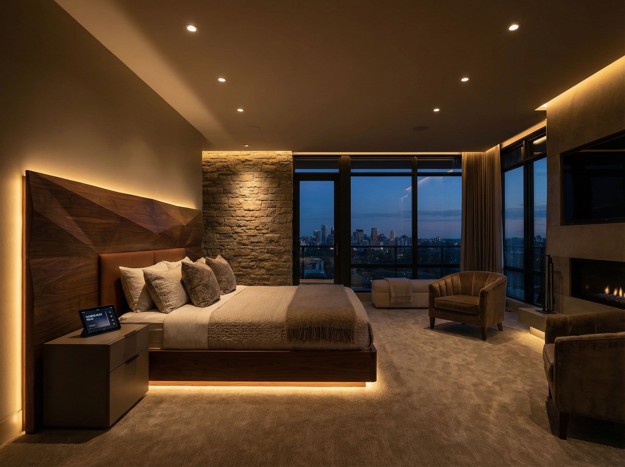 Dramatic lighting scene in luxury bedroom