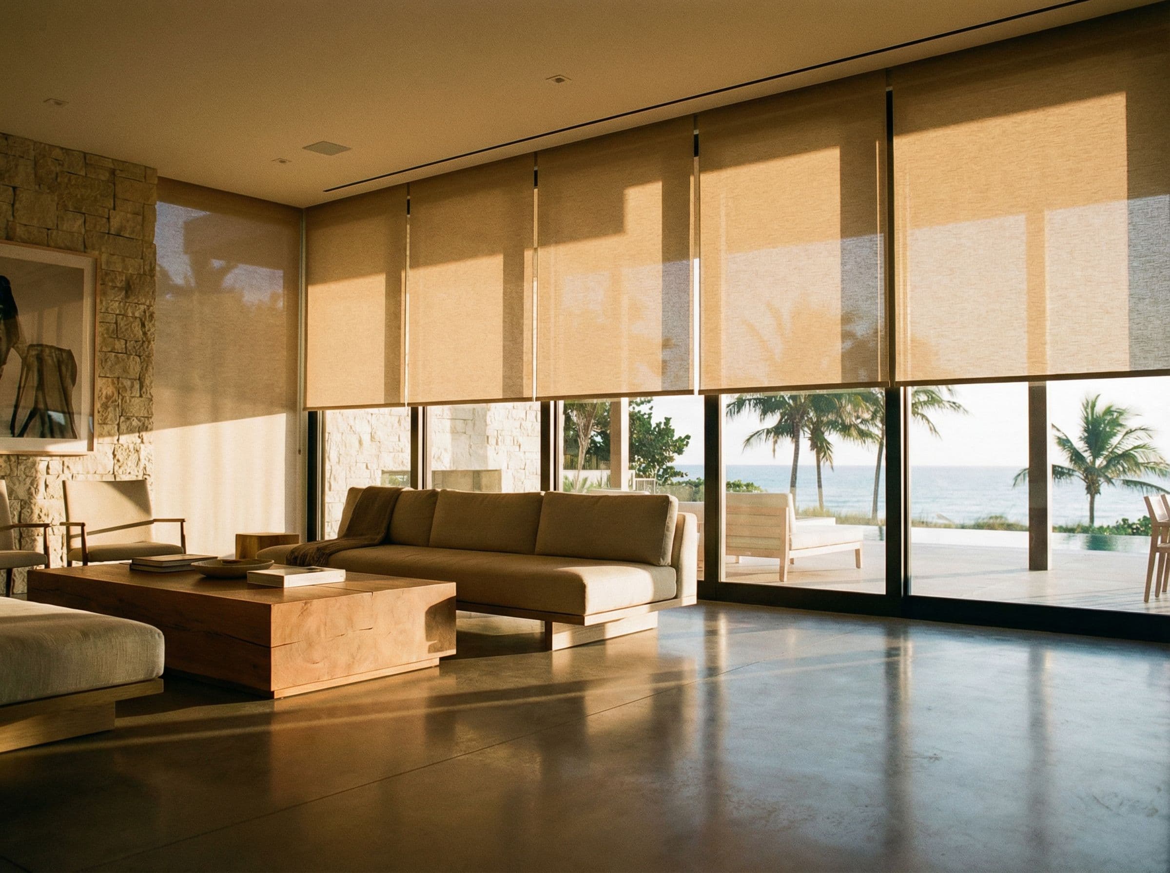 Motorized window shades filtering Florida sunlight