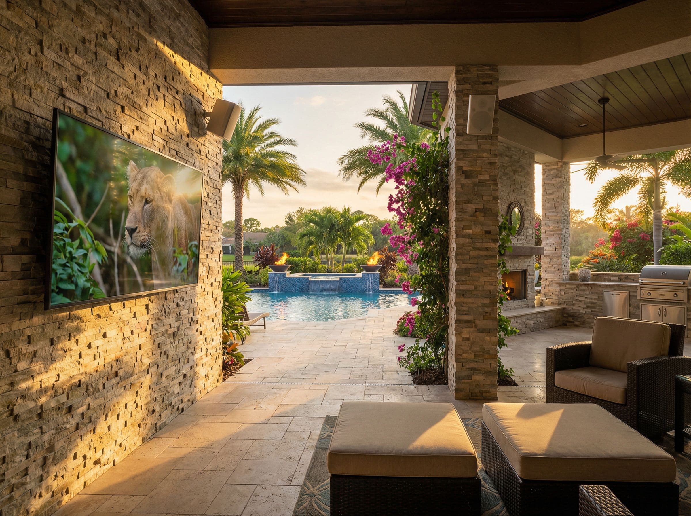 Luxury Florida outdoor living with TV and speakers