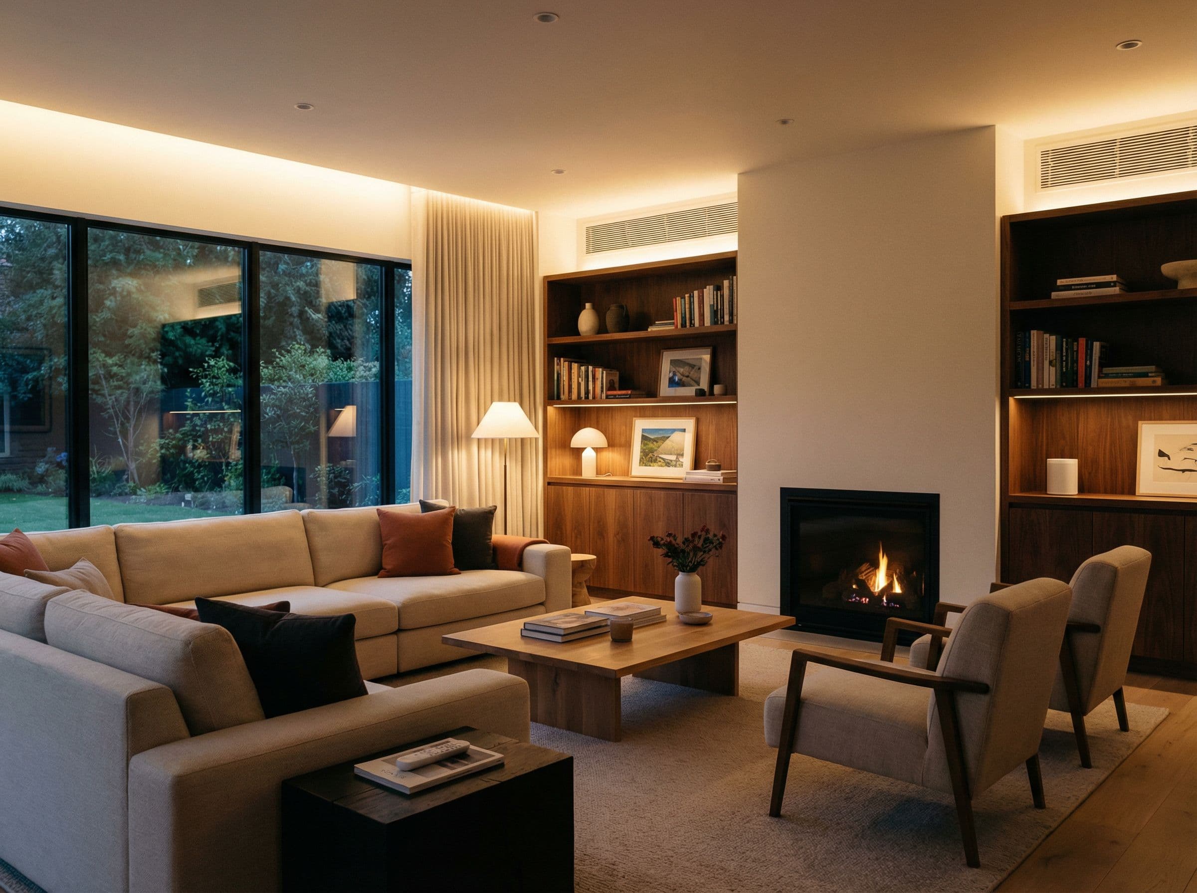 Family room with smart speaker and ambient lighting