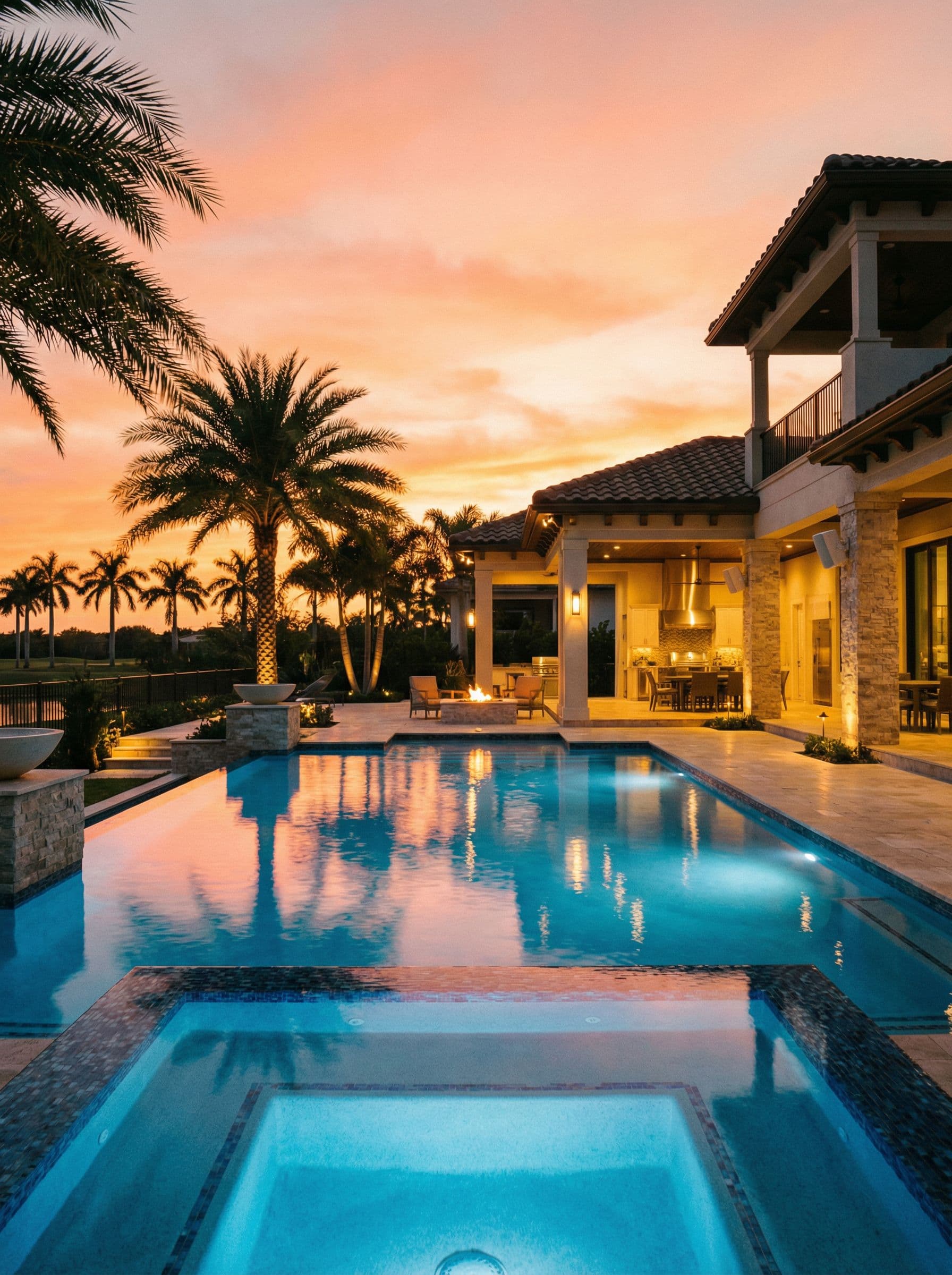Florida pool and lanai with landscape lighting