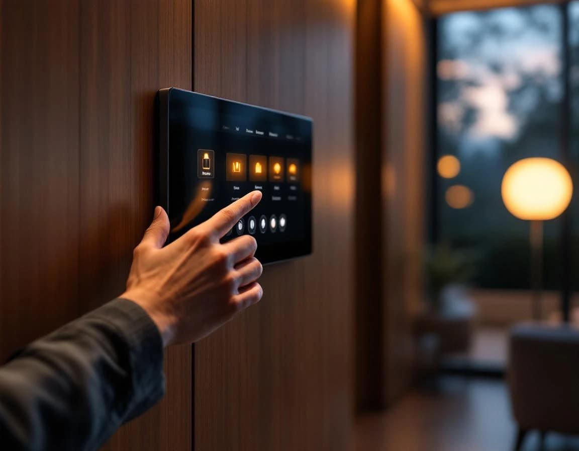 Hand pressing an in-wall home automation touchscreen mounted in warm wood paneling, with a luxury living room glowing in the background