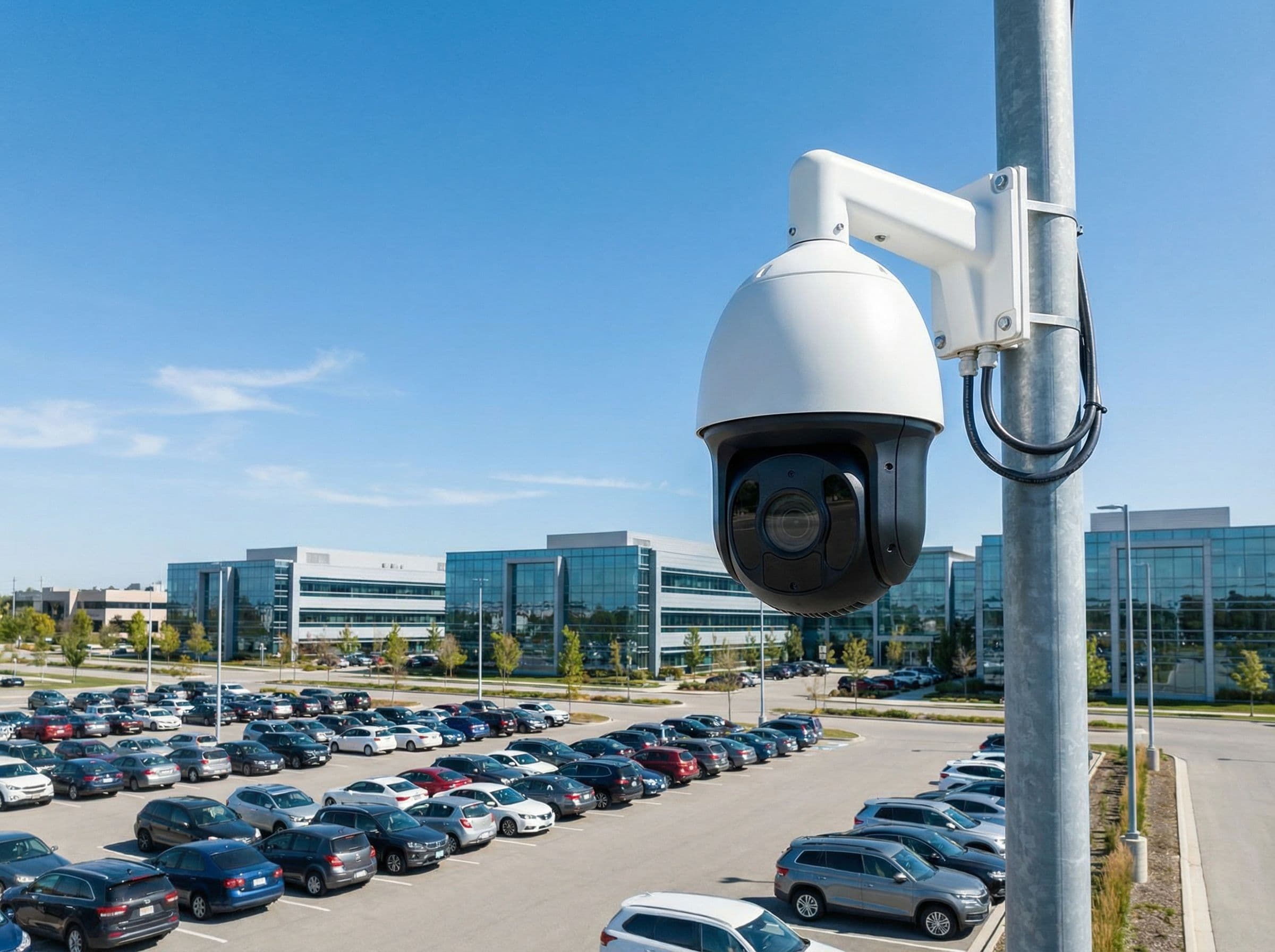PTZ security camera overlooking commercial campus