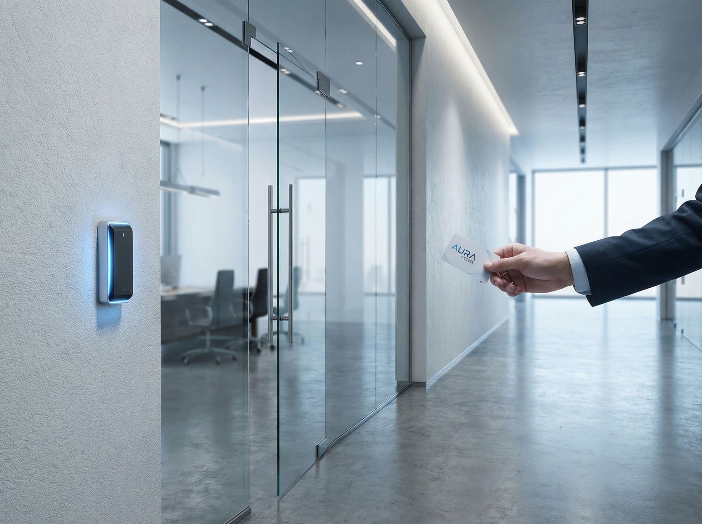 Access control reader next to glass office door