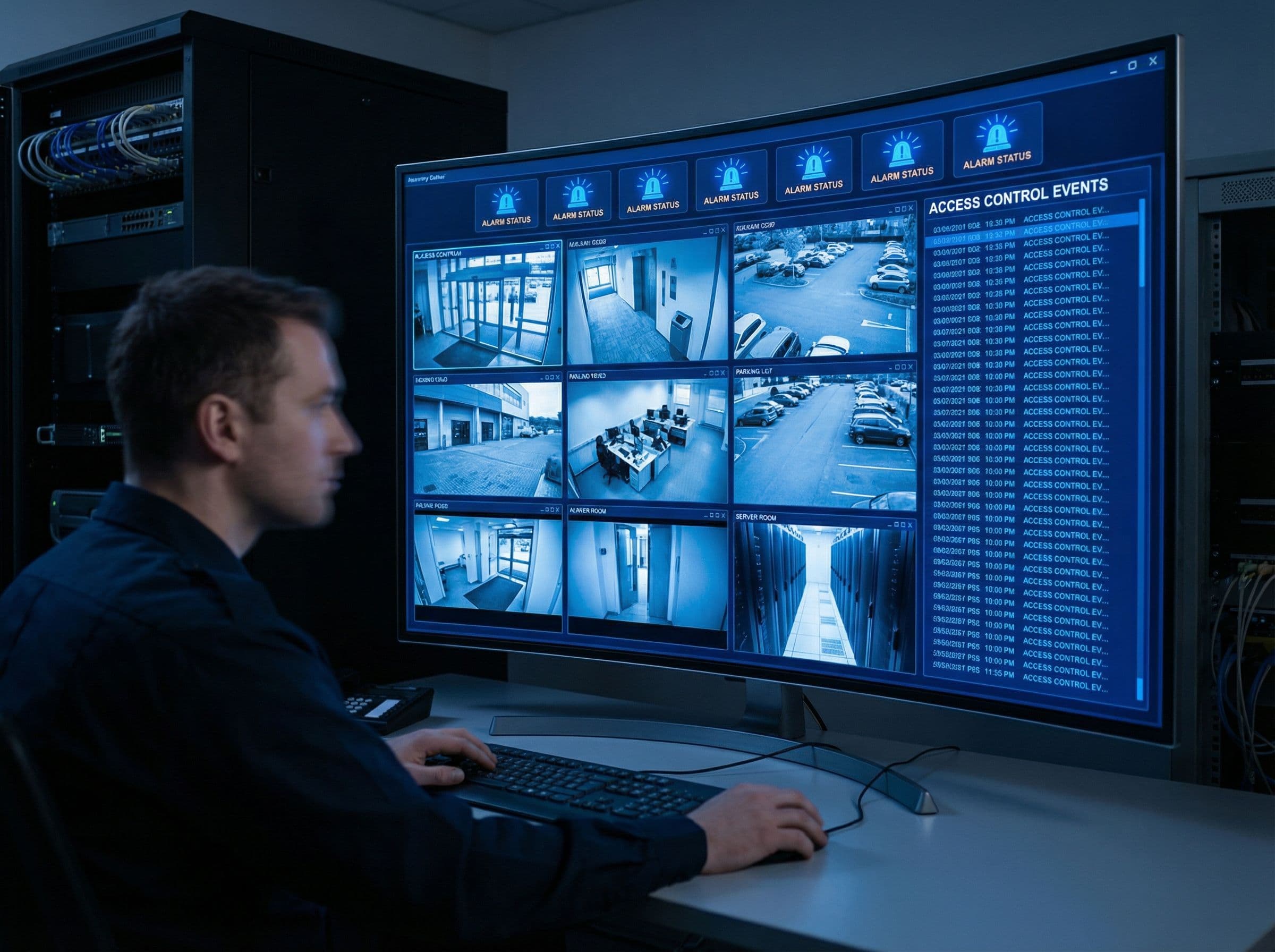 Security operations display showing correlated camera feeds and alarm status