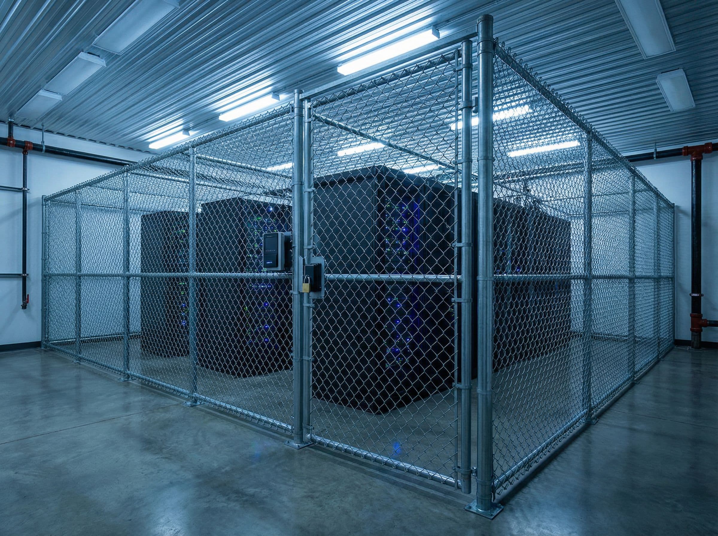 Secure server room with locked cage around equipment