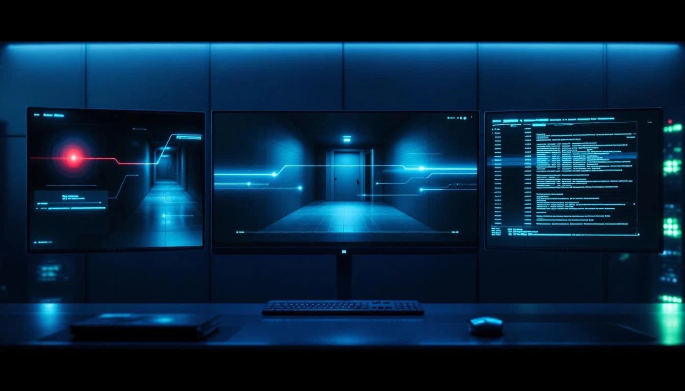 Security operations center showing alarm pulse, correlated camera feed, and credential log connected by workflow lines