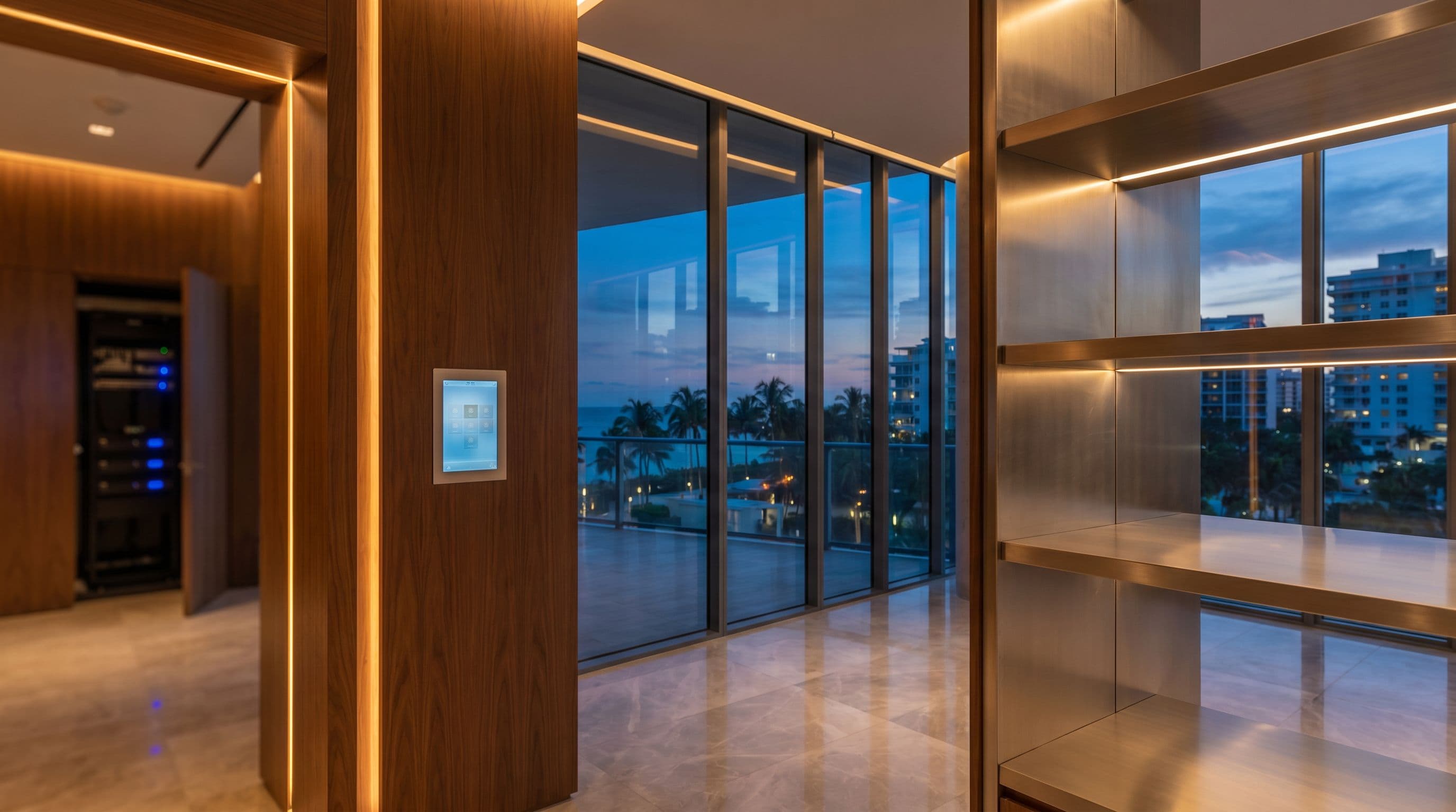 Modern upscale commercial lounge at dusk with integrated low-voltage technology, warm amber architectural lighting, and a coastal Florida skyline visible through floor-to-ceiling windows