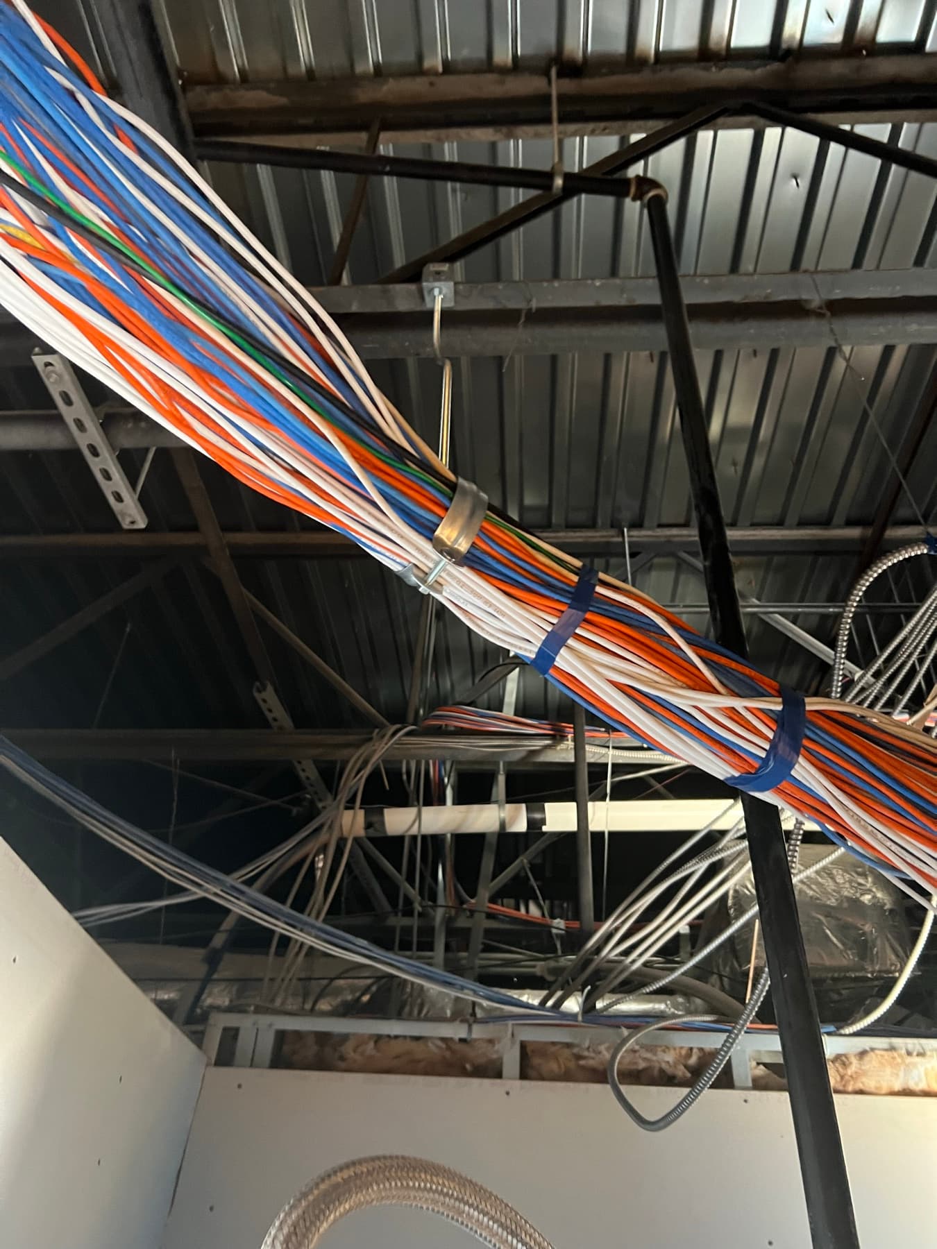 Close-up of cleanly bundled and tied Cat 6 cabling routed overhead