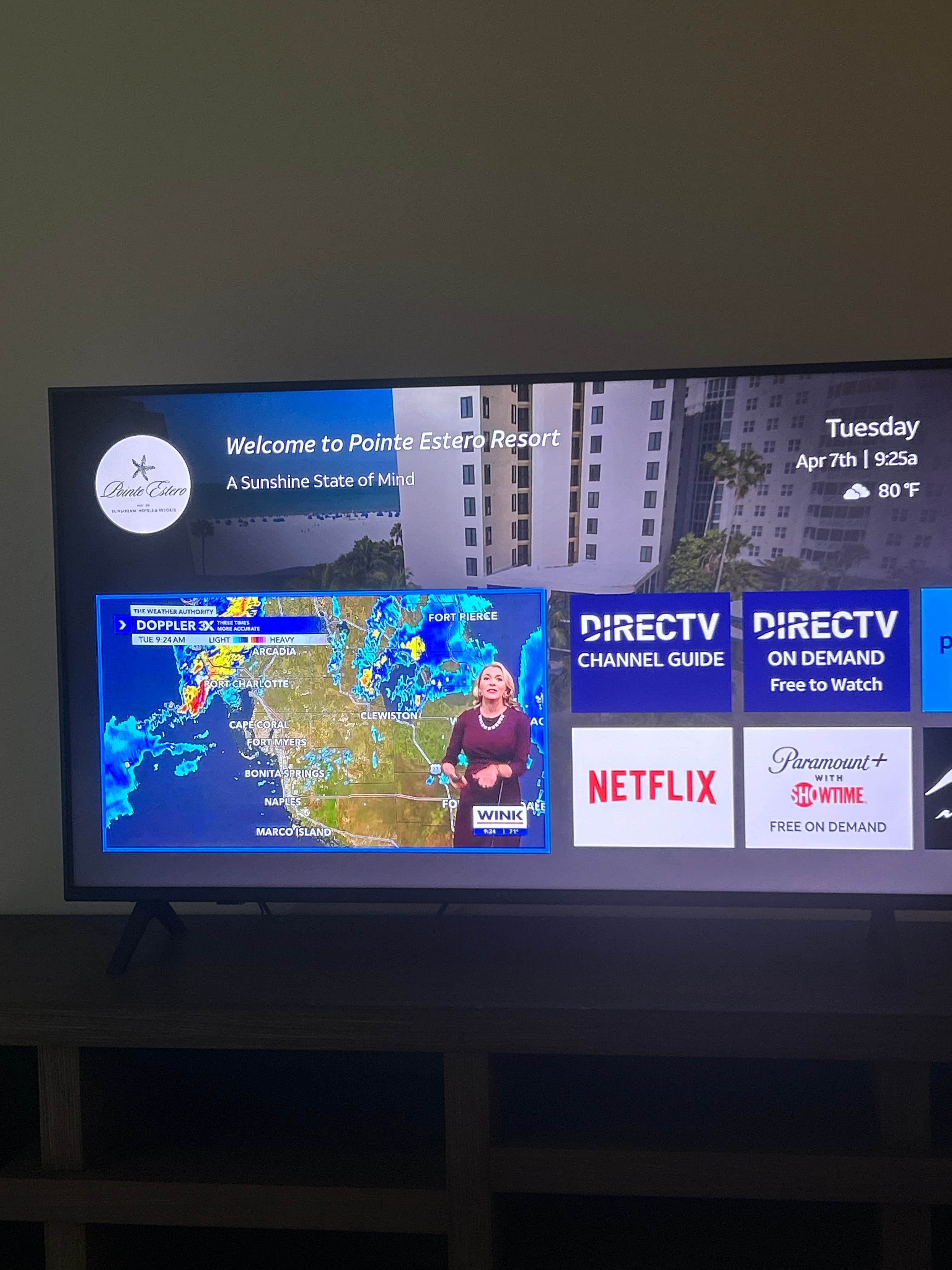 DIRECTV Advanced Entertainment Platform welcome screen on an in-room display