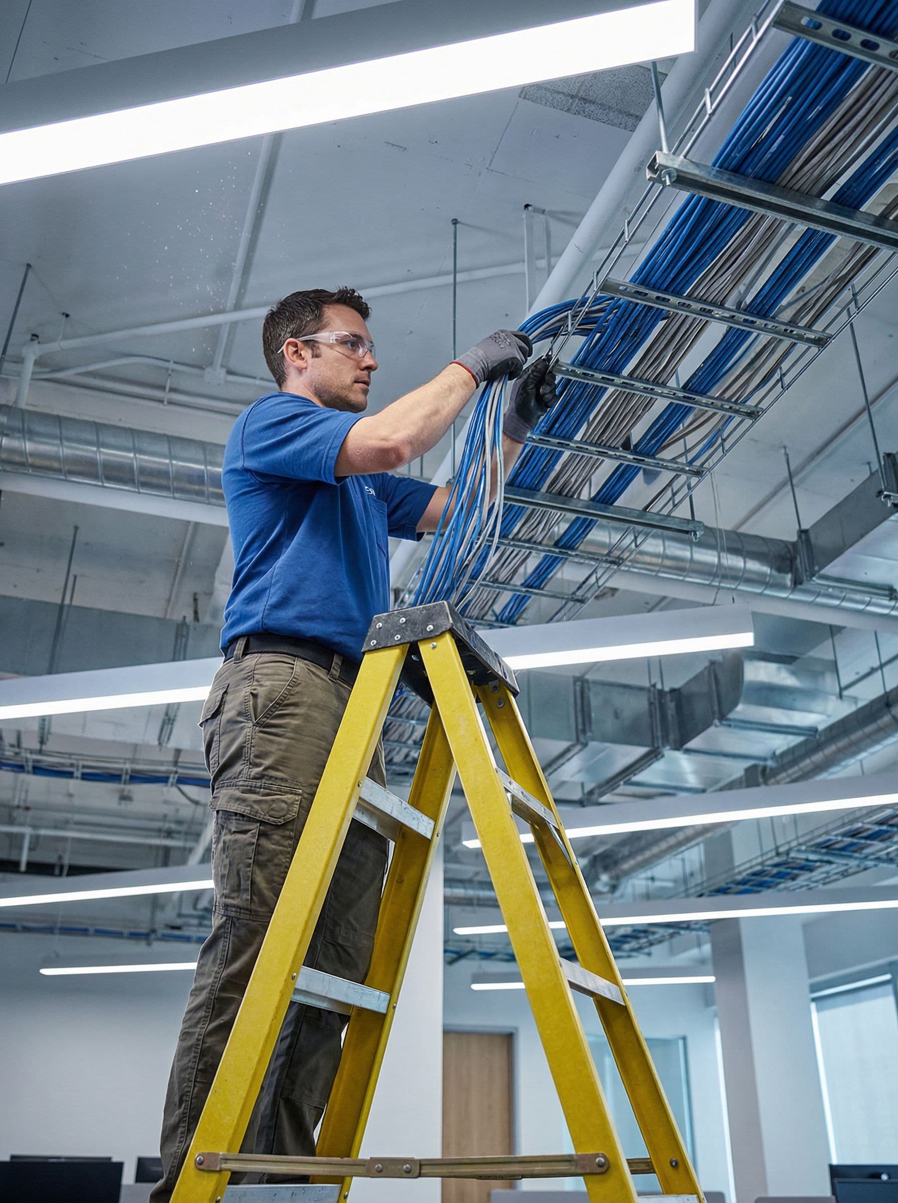 Technician pulling cable through ceiling during construction rough-in