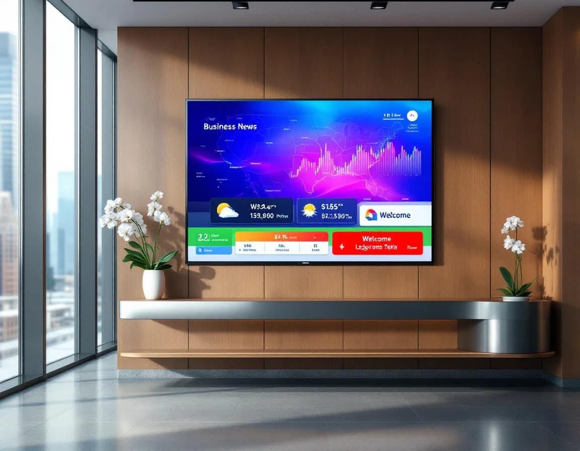Modern wood-paneled corporate lobby with a wall-mounted display showing business news, weather, market tickers, and a branded welcome panel