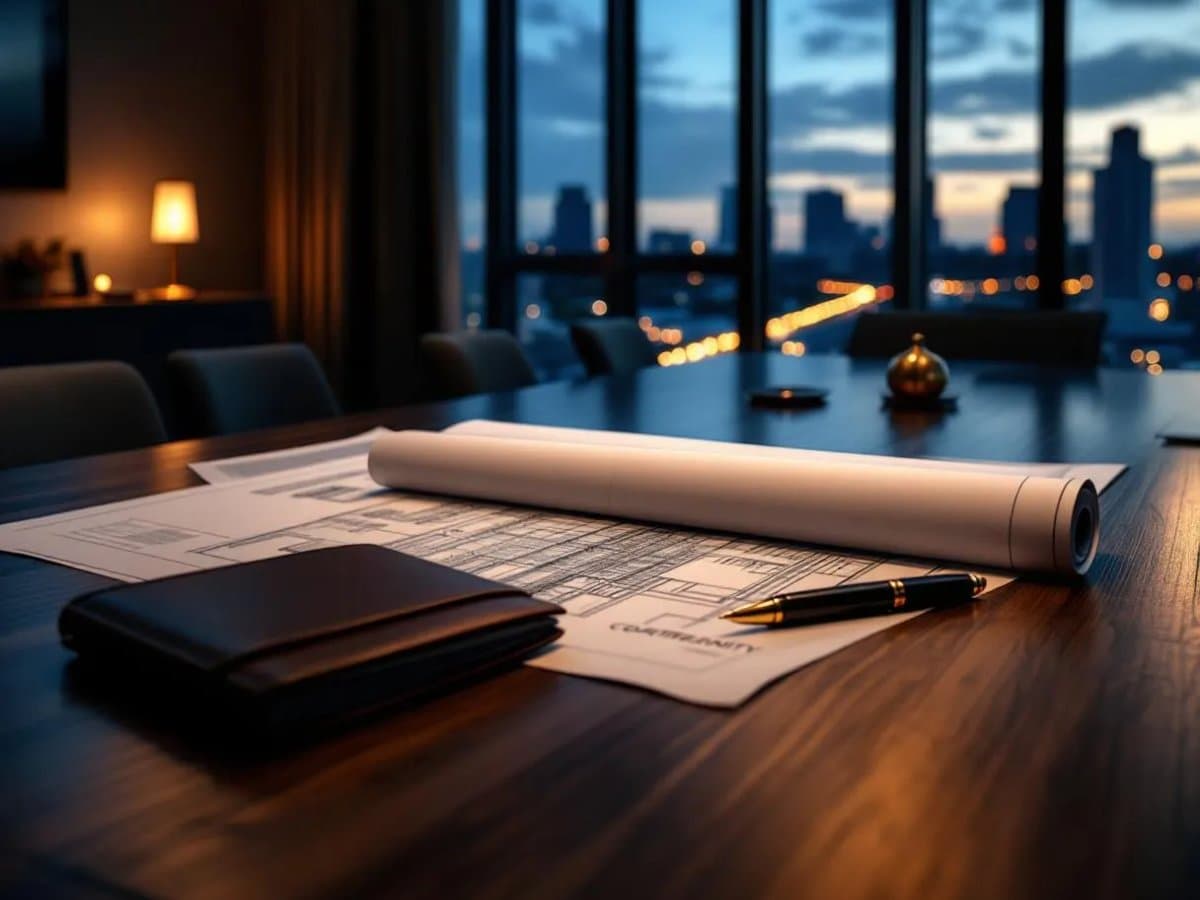 Multifamily blueprints and a leather contract folio on a dark walnut boardroom table at dusk, apartment skyline visible through floor-to-ceiling windows