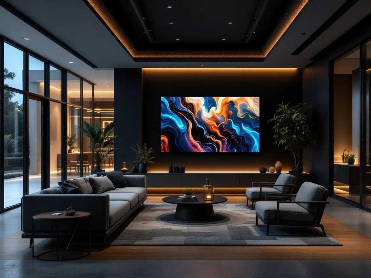 Upscale apartment community resident lounge with a large feature-wall flatscreen and ambient cove lighting