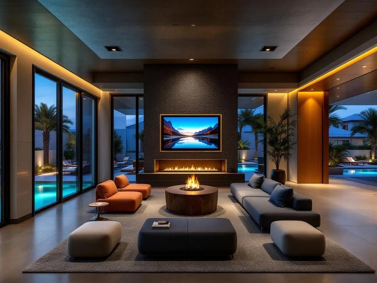Resort-style apartment amenity clubhouse at twilight with stone fireplace, feature-wall flatscreen, and pool deck framed by palms