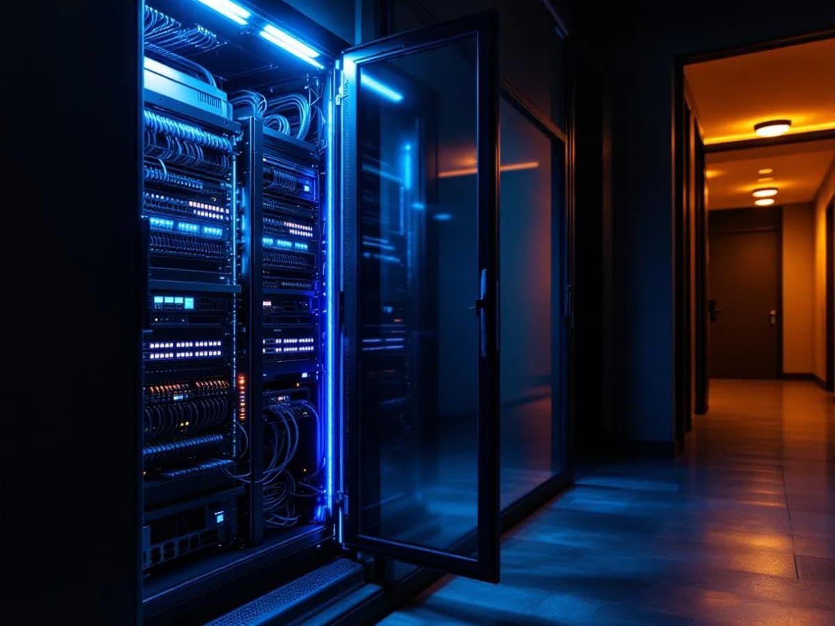 Multifamily property IDF telecom closet with a glass-door network rack glowing blue, opening onto a warm amber-lit apartment corridor