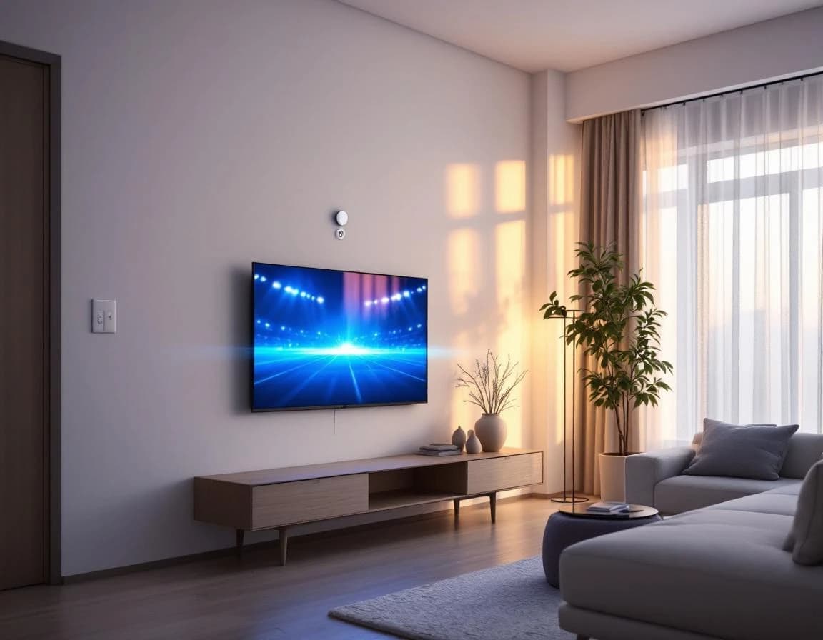 Minimalist modern apartment with a wall-mounted streaming TV, a discreet WiFi access point, and a single ethernet jack — no satellite or coax clutter