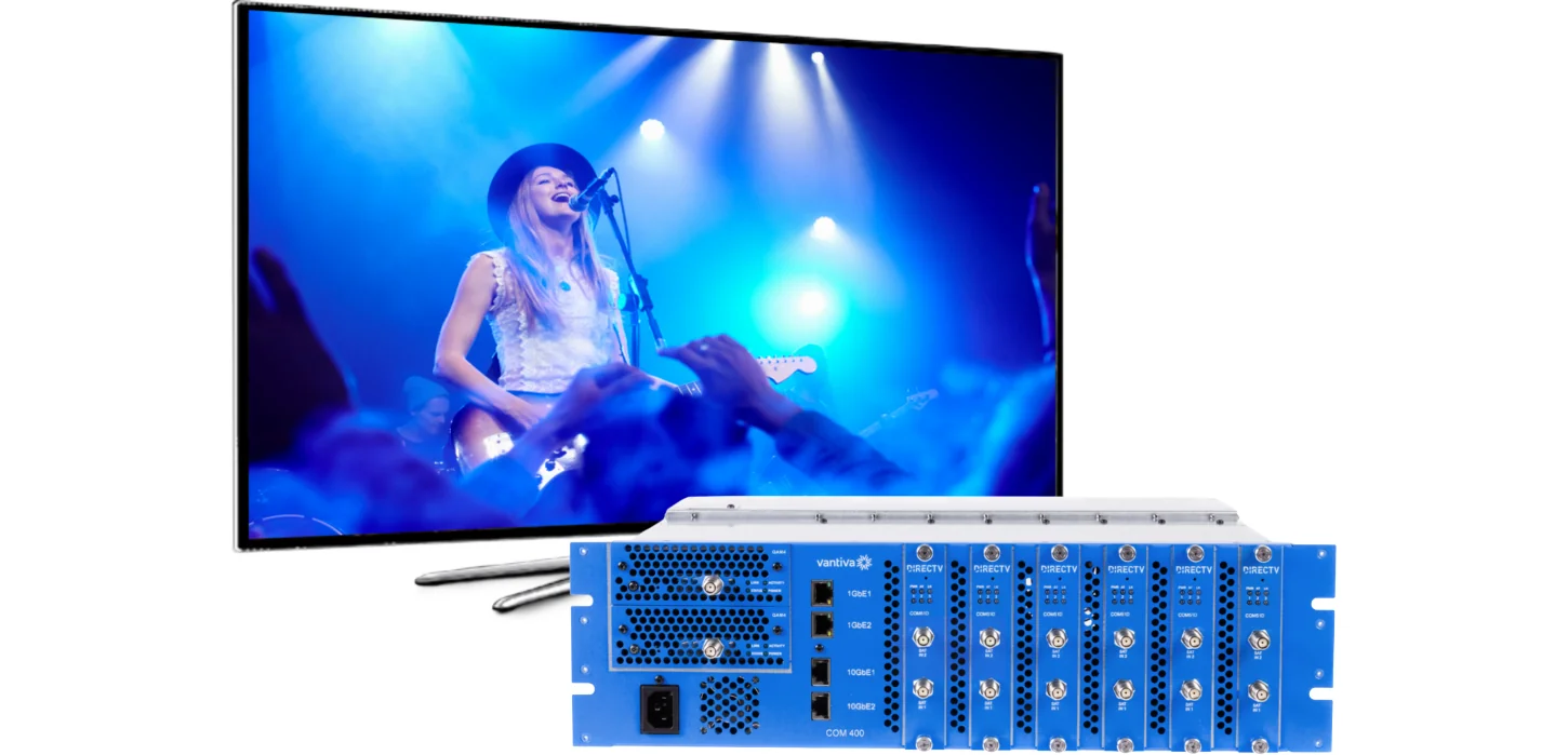 DIRECTV COM400 head-end rack delivering bulk programming to a flatscreen TV