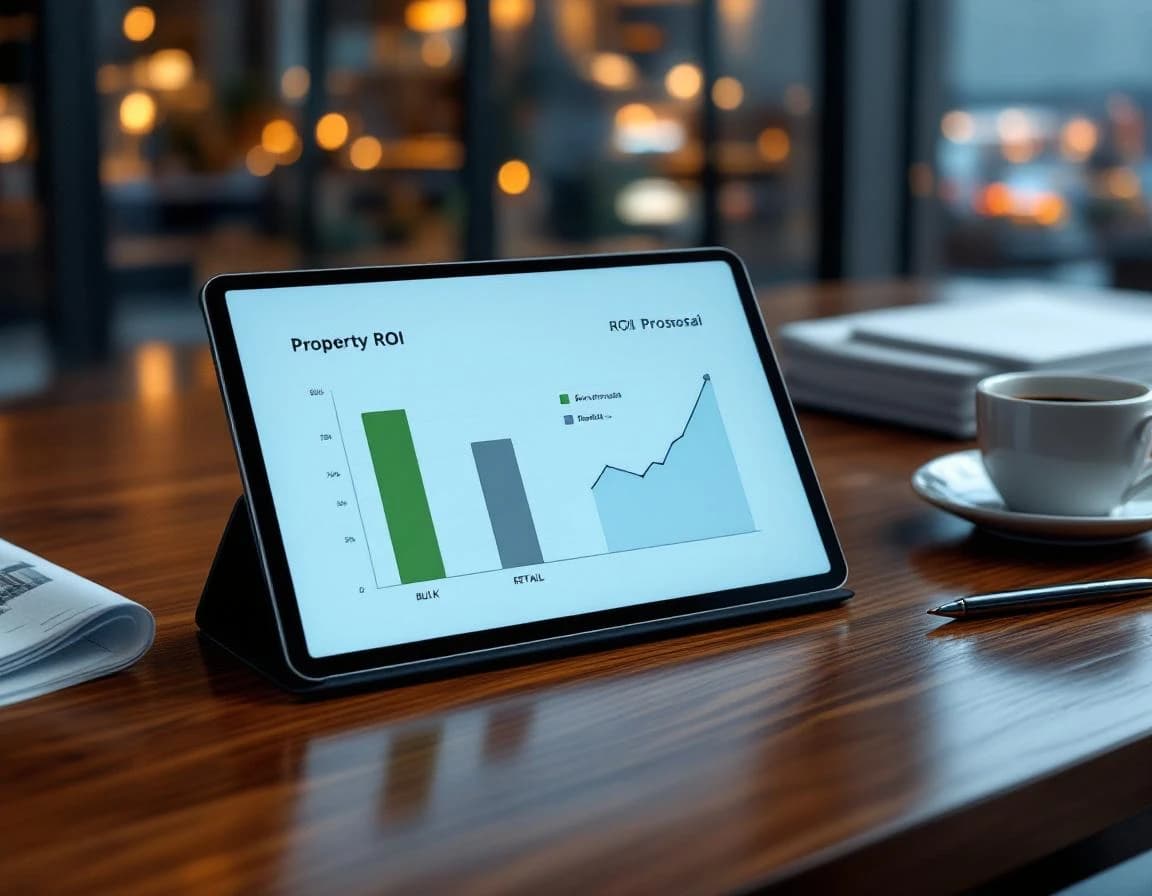 Tablet on an executive desk showing a Property ROI dashboard comparing bulk vs retail per-unit pricing, with proposal sheets and coffee