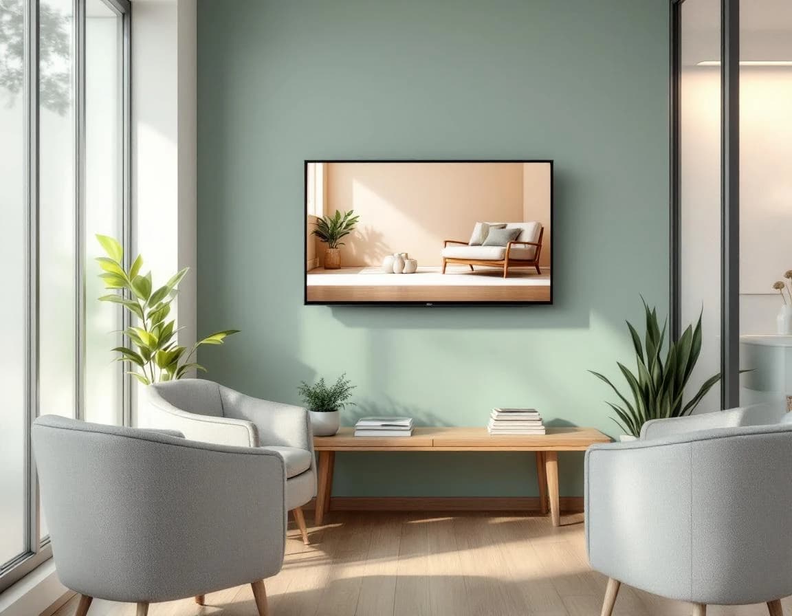 Calm modern medical waiting room with sage walls, soft grey armchairs, magazines, and a wall-mounted TV showing a low-anxiety home lifestyle program